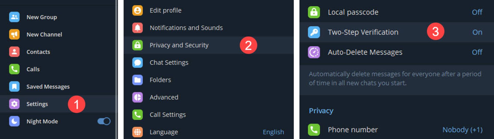 تنظیمات تأیید دو مرحله‌ای تلگرام