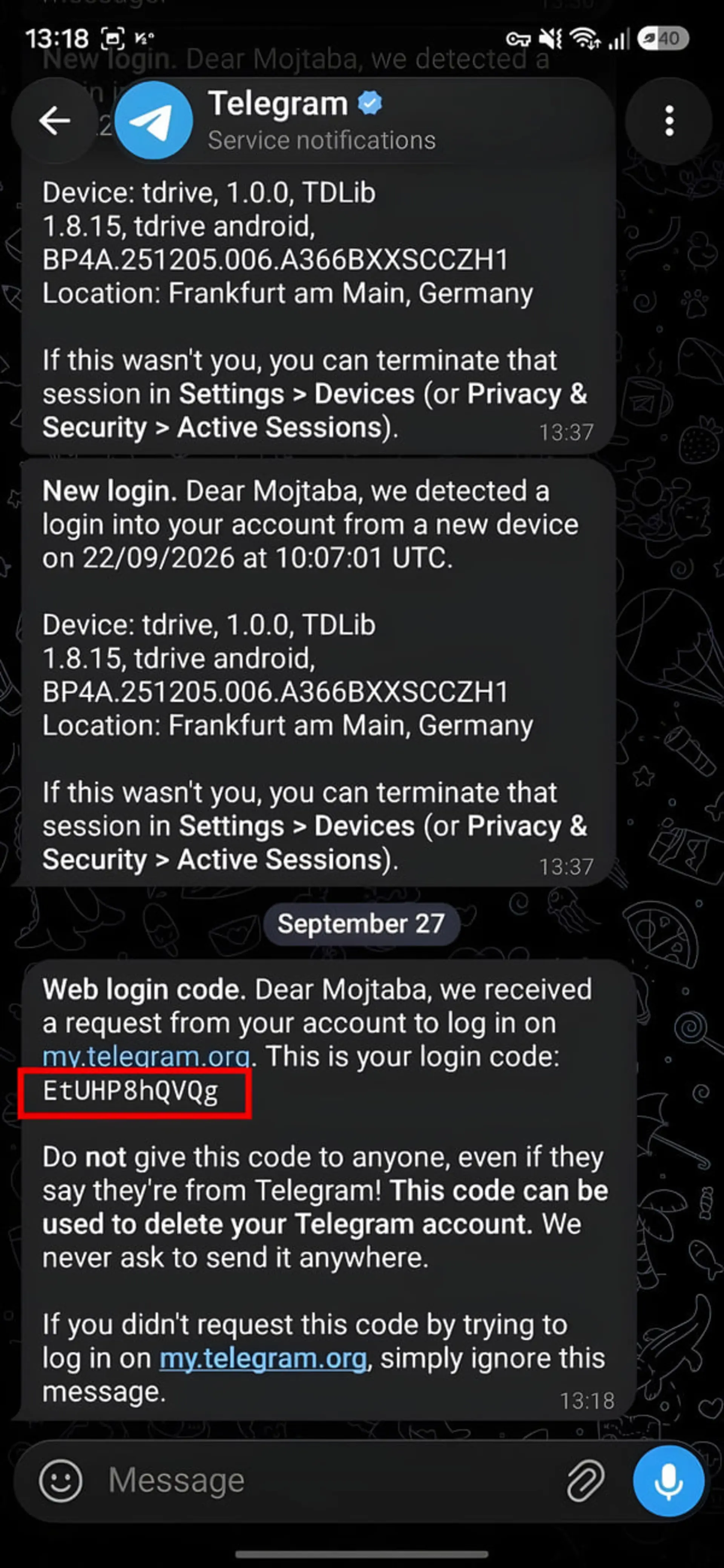 پیام هشدار تلگرام (Telegram) درباره کد ورود و حذف حساب کاربری