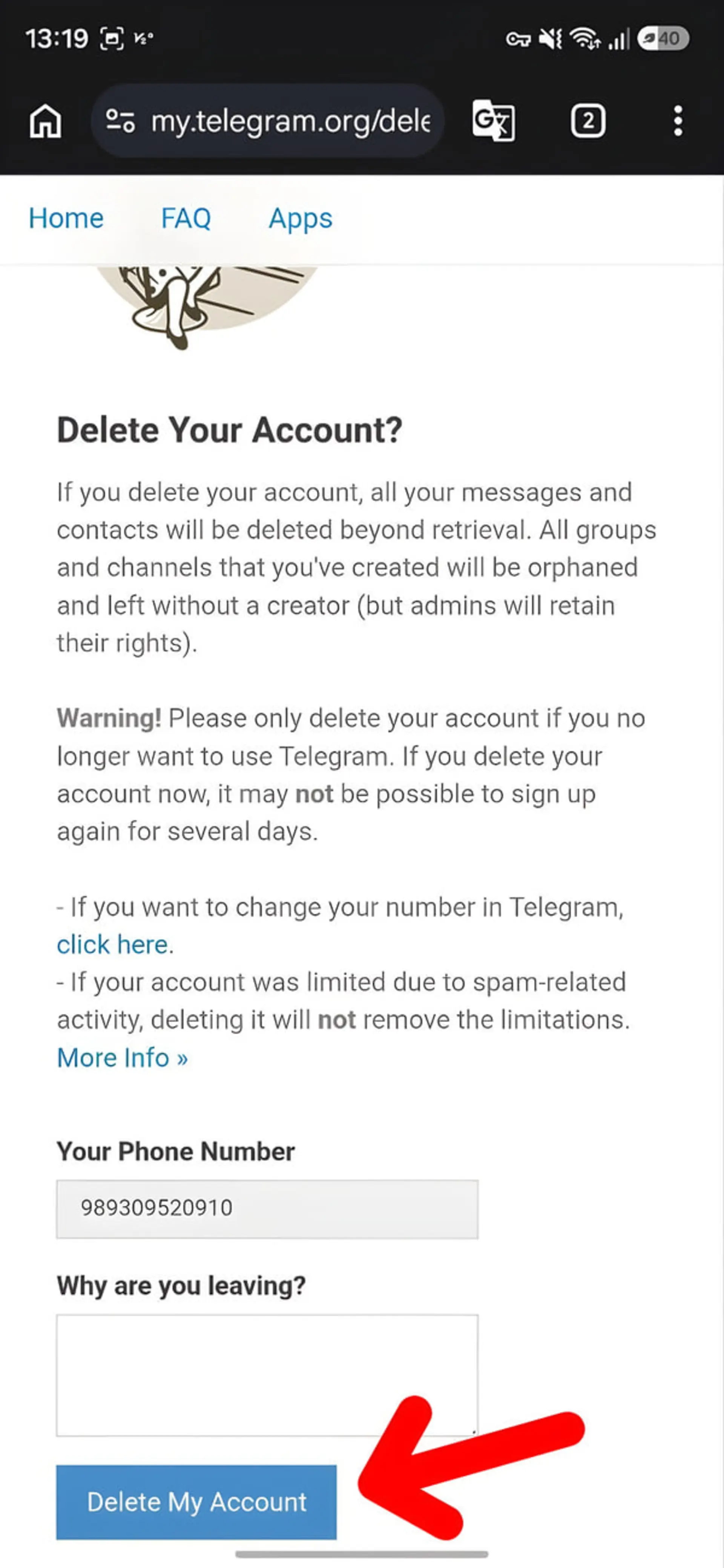 صفحه رسمی حذف حساب کاربری در وب‌سایت تلگرام (Telegram)