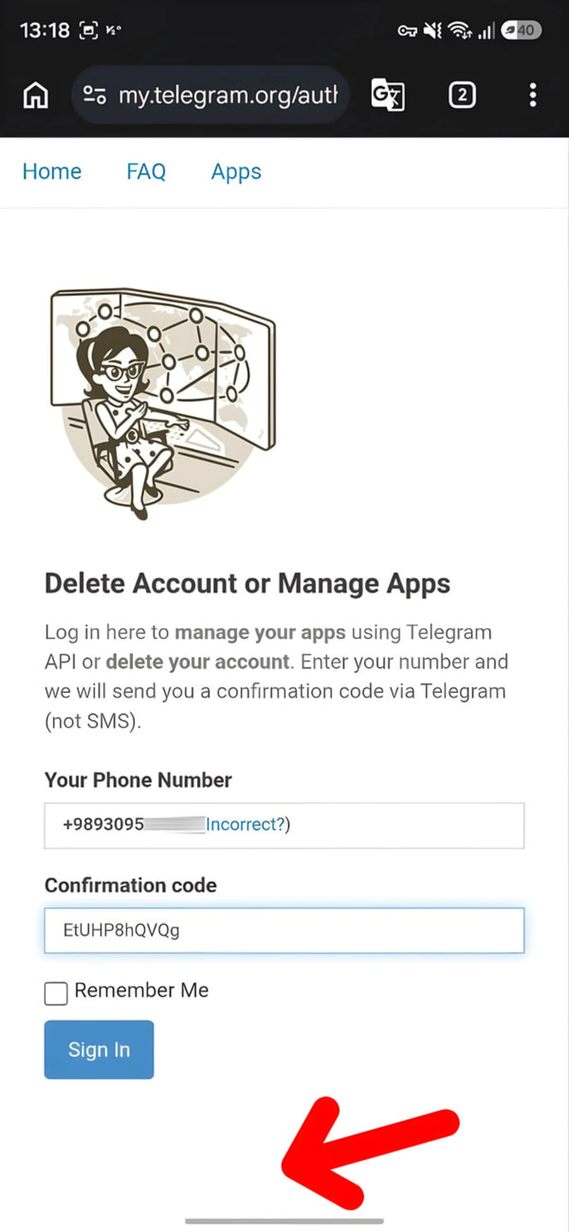 فرم ورود به پنل مدیریت و حذف حساب کاربری تلگرام (Telegram)