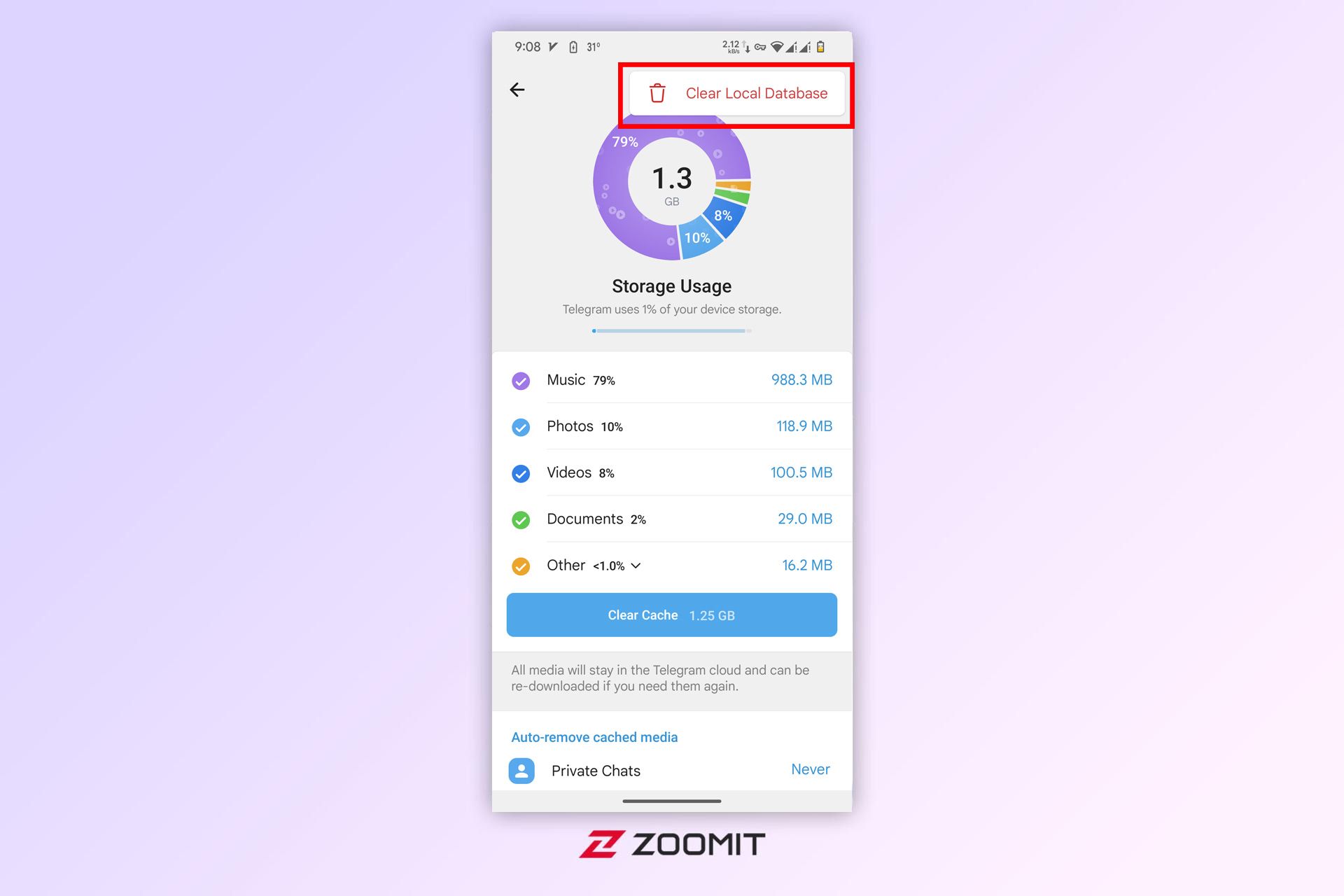 گزینه‌ی پاک کردن دیتابیس محلی در تلگرام اندروید