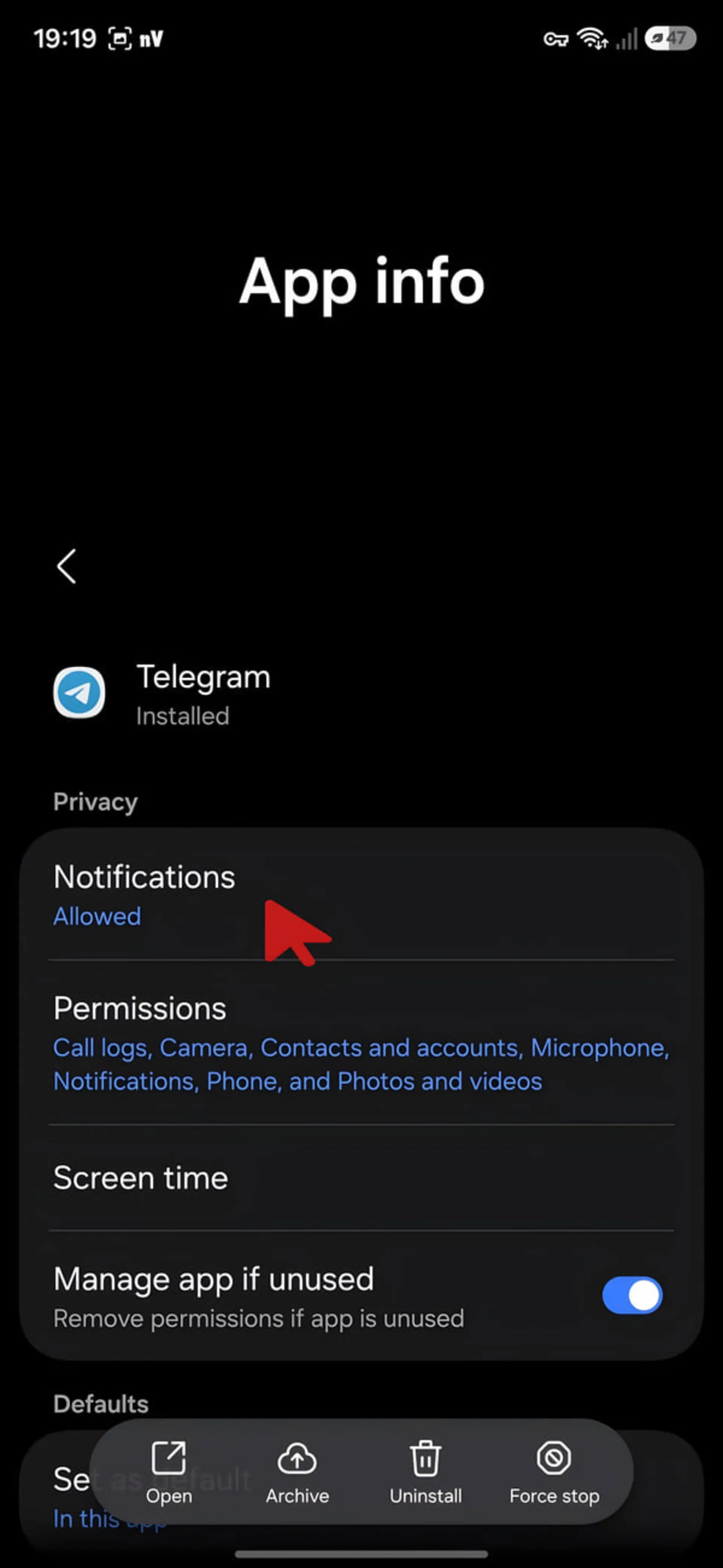 تنظیمات اعلان‌های اپلیکیشن تلگرام (Telegram) در گوشی گلکسی