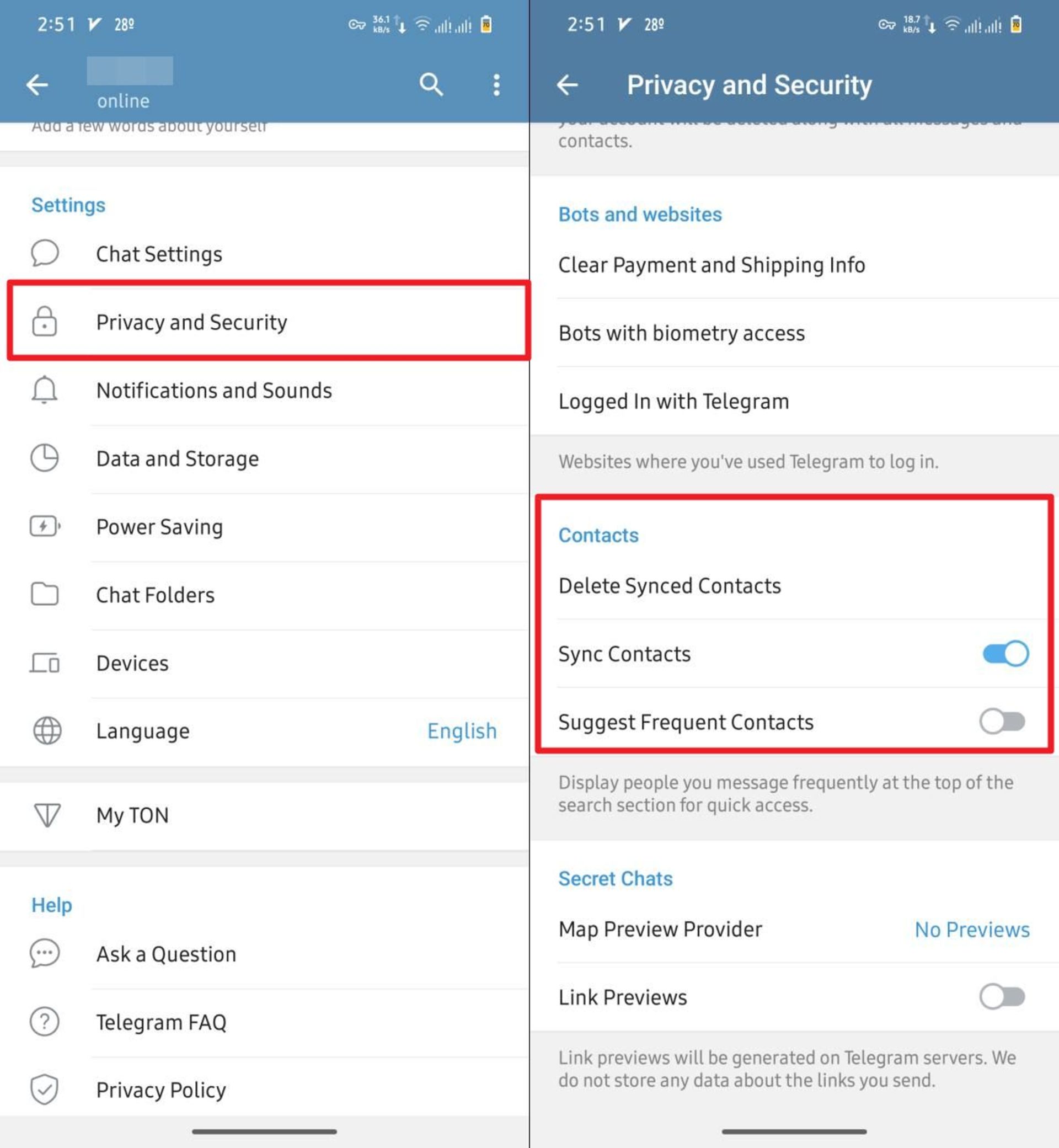 مراحل حذف مخاطبین همگام سازی شده با تلگرام