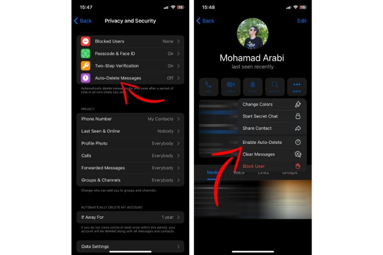 قابلیت حذف خودکار پیام در تلگرام