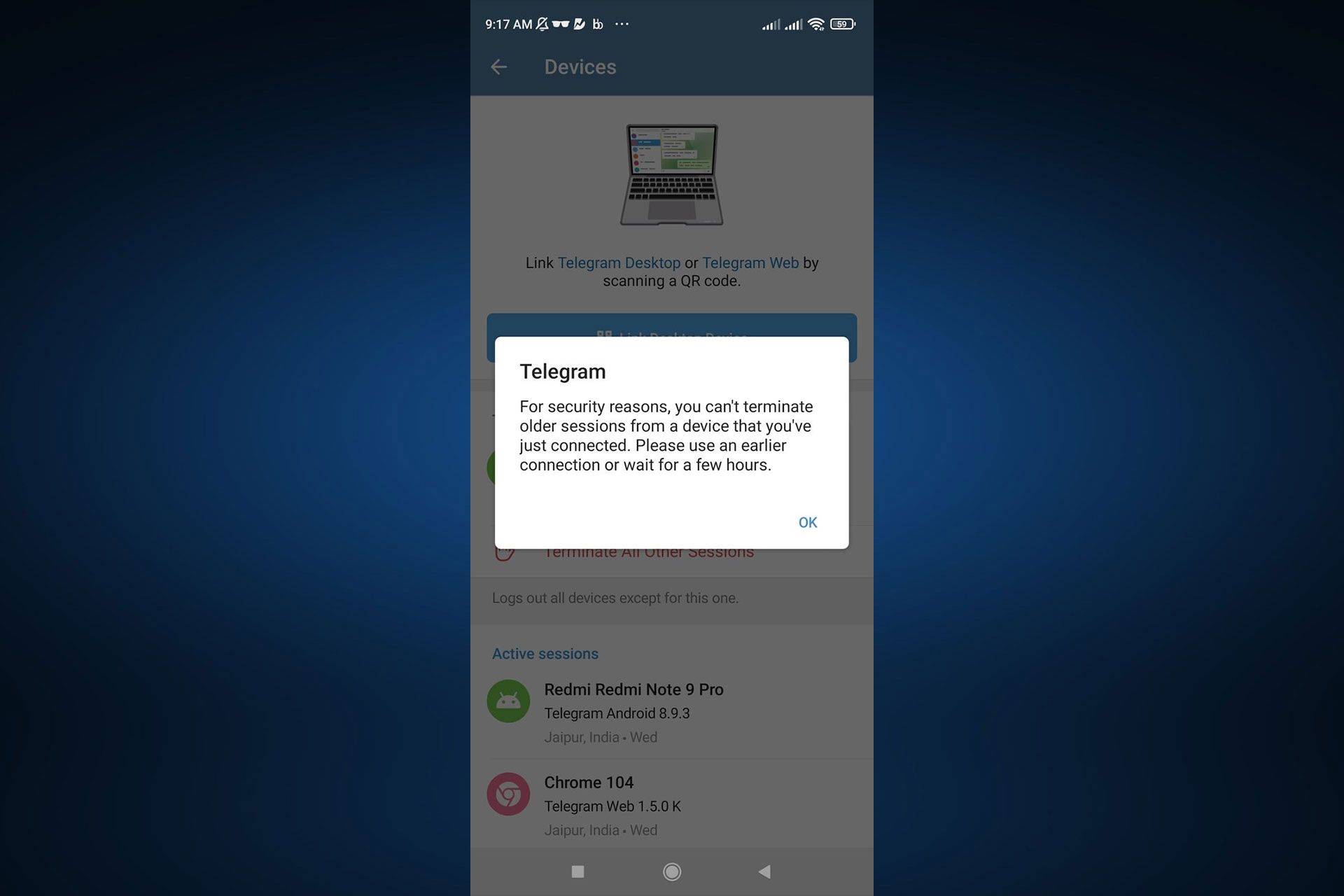 پیغامی مبنی بر ممکن نبودن خروج از نشست های قدیمی از نشست جدید تلگرام