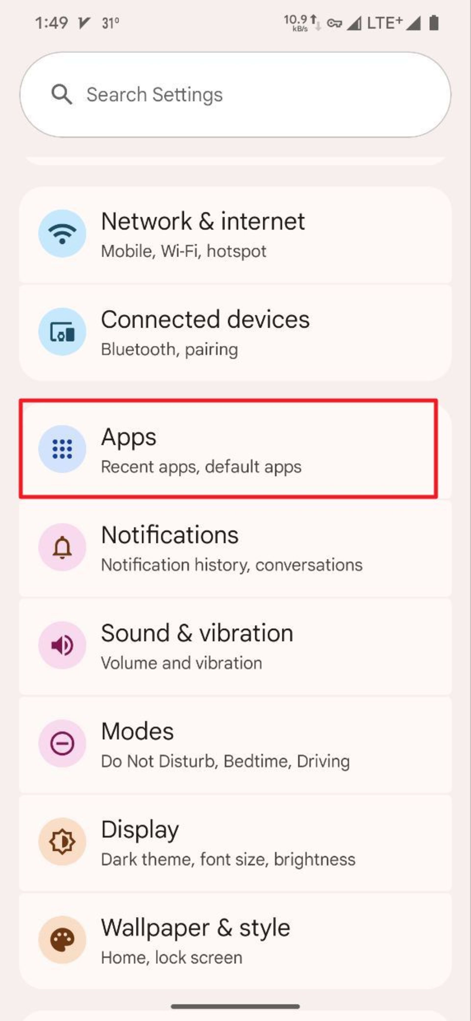 صفحه‌ی تنظیمات اندروید با گزینه‌ی Apps هایلایت شده