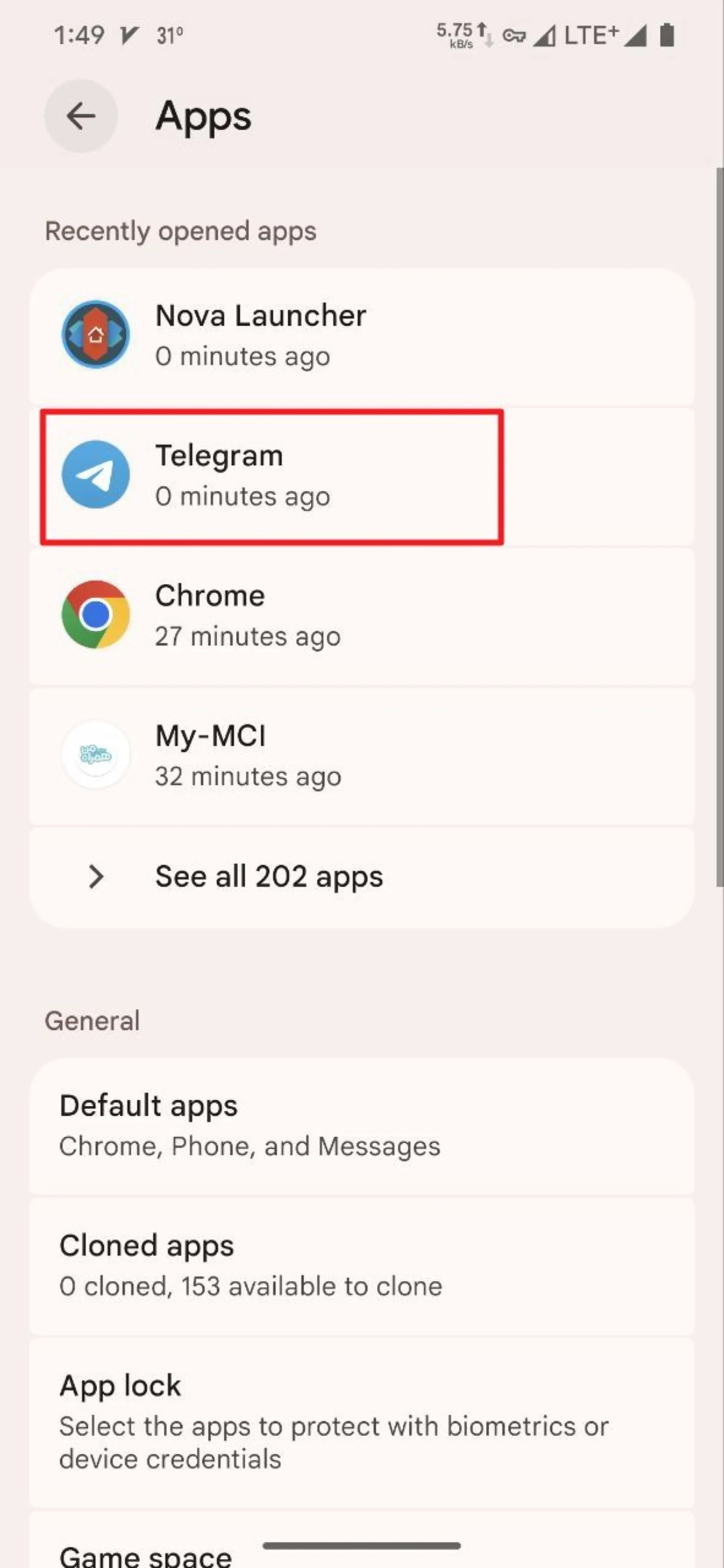 هایلایت شدن آیکون تلگرام در بخش Apps اندروید