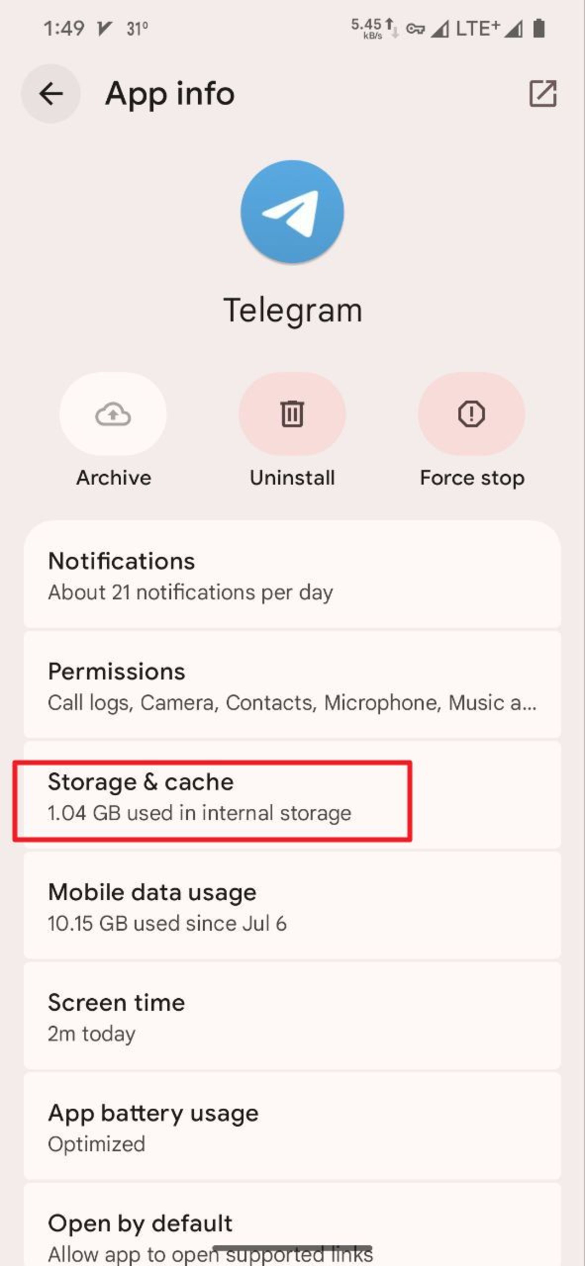 هایلایت شدن بخش Storage and cache در تنظیمات اپ تلگرام اندروید