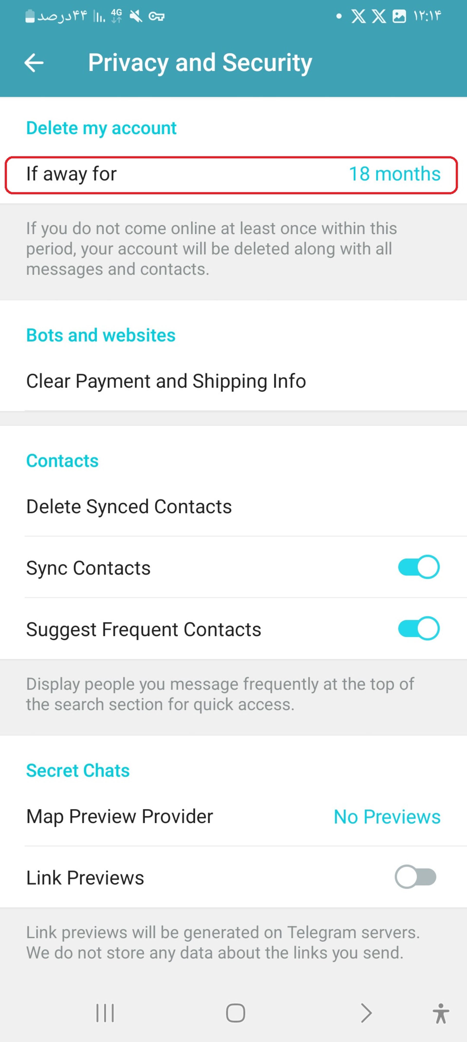 تنظیمات حذف خودکار حساب کاربری تلگرام در بخش تنظیمات حریم خصوصی و امنیت