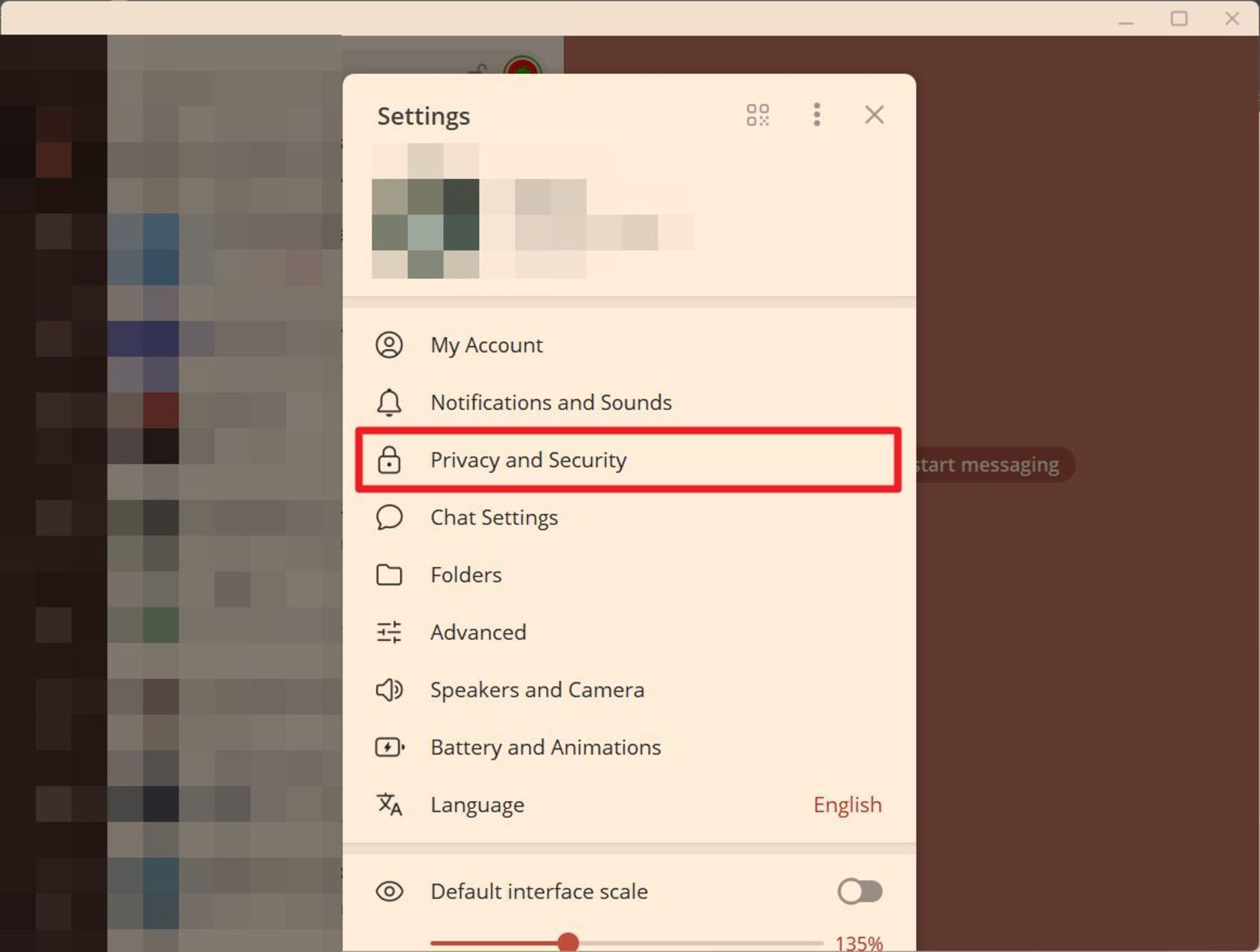 انتخاب گزینه‌ی Privacy and security در تنظیمات تلگرام دسکتاپ