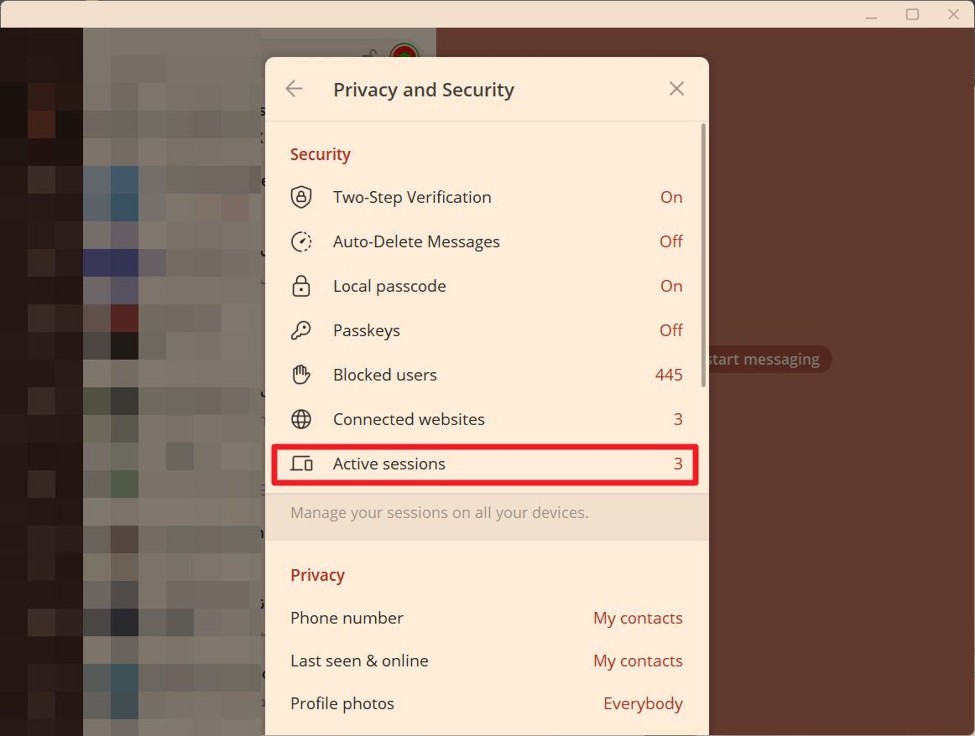 انتخاب گزینه‌ی Activie Sessions در تنظیمات امنیتی و حریم خصوصی تلگرام دسکتاپ