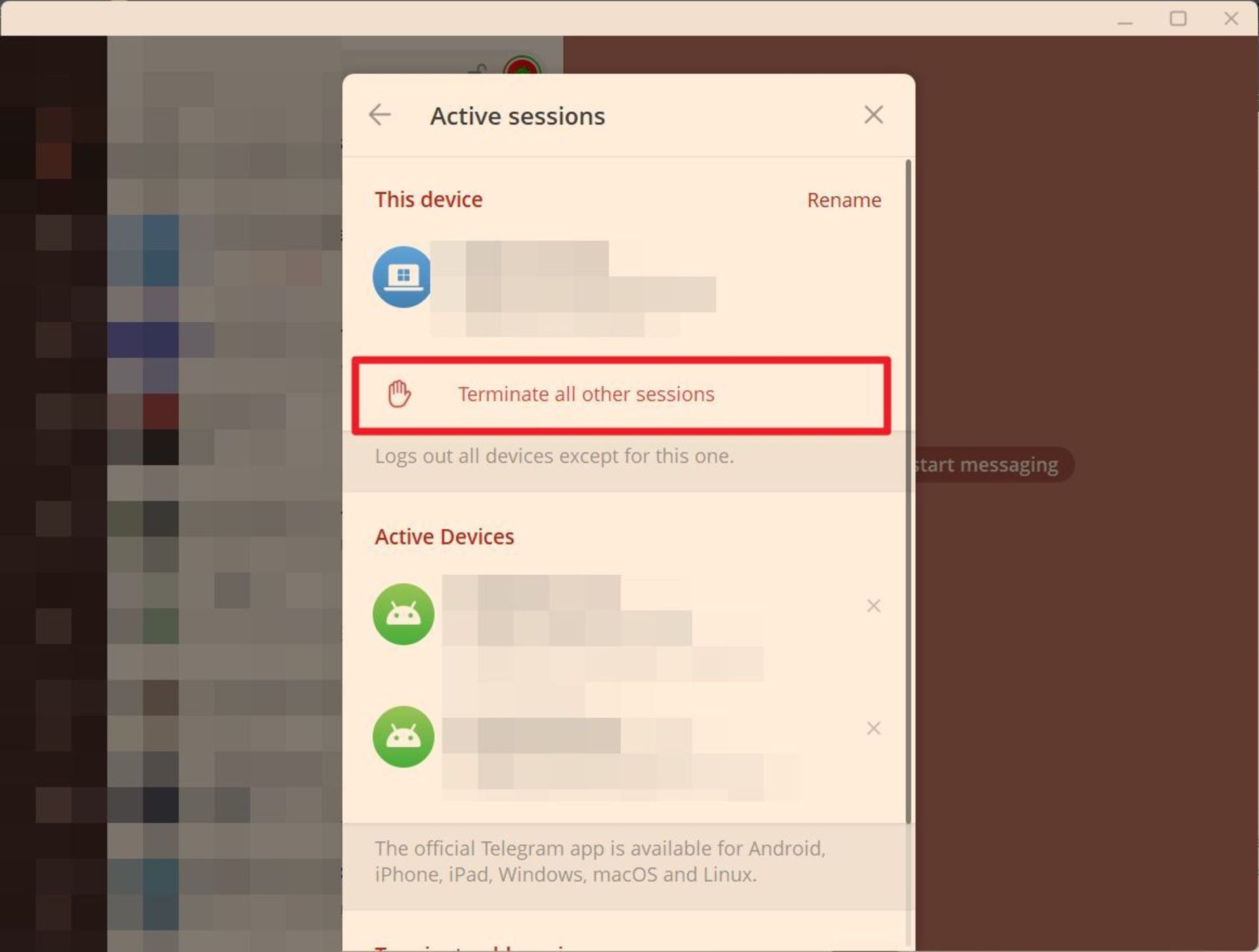 انتخاب گزینه‌ی خروج از بقیه‌ی نشست‌ها پر Activie Sessions  تلگرام دسکتاپ