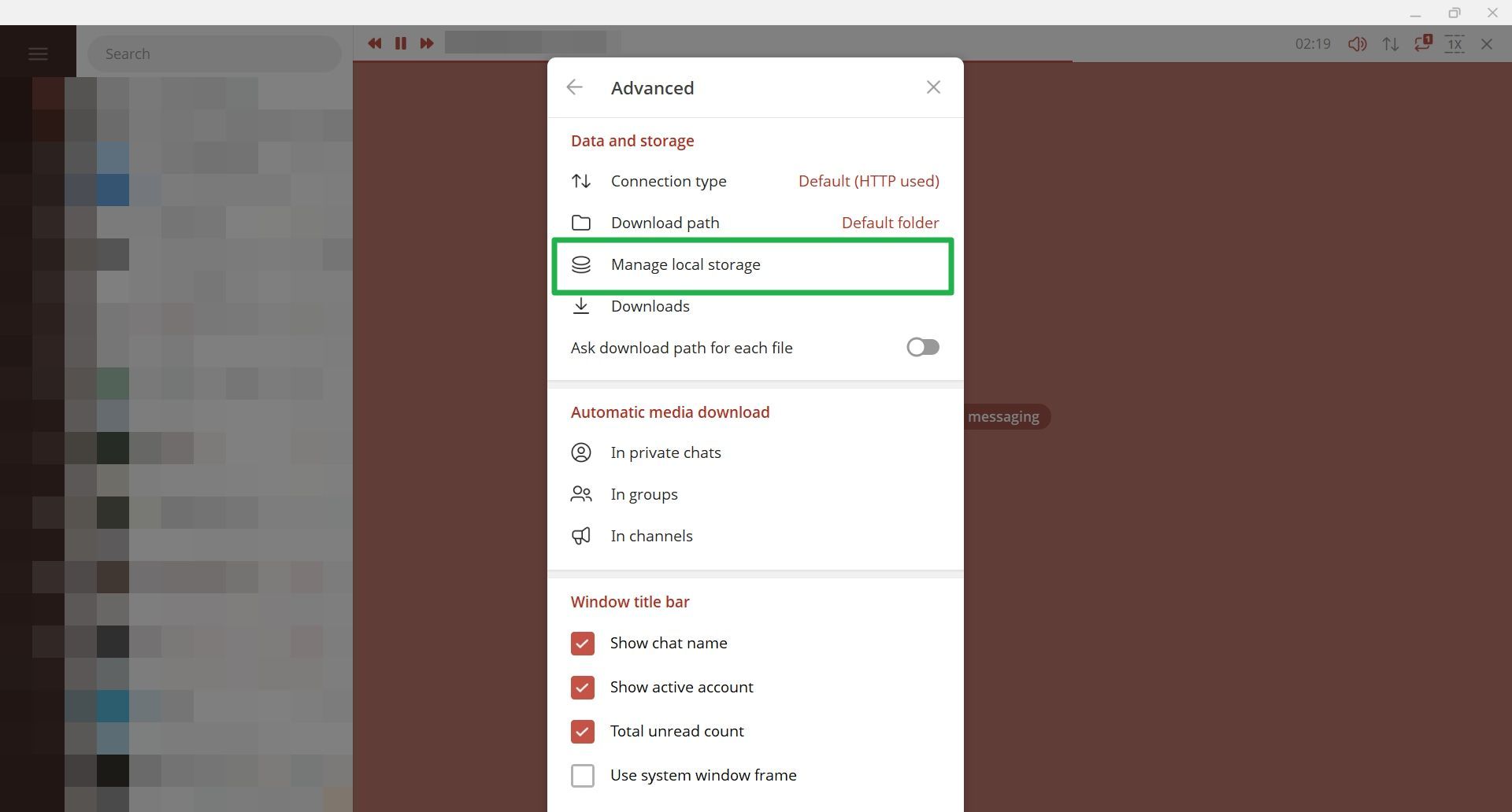 صفحه‌ی تنظیمات پیشرفته‌ی تلگرام دسکتاپ