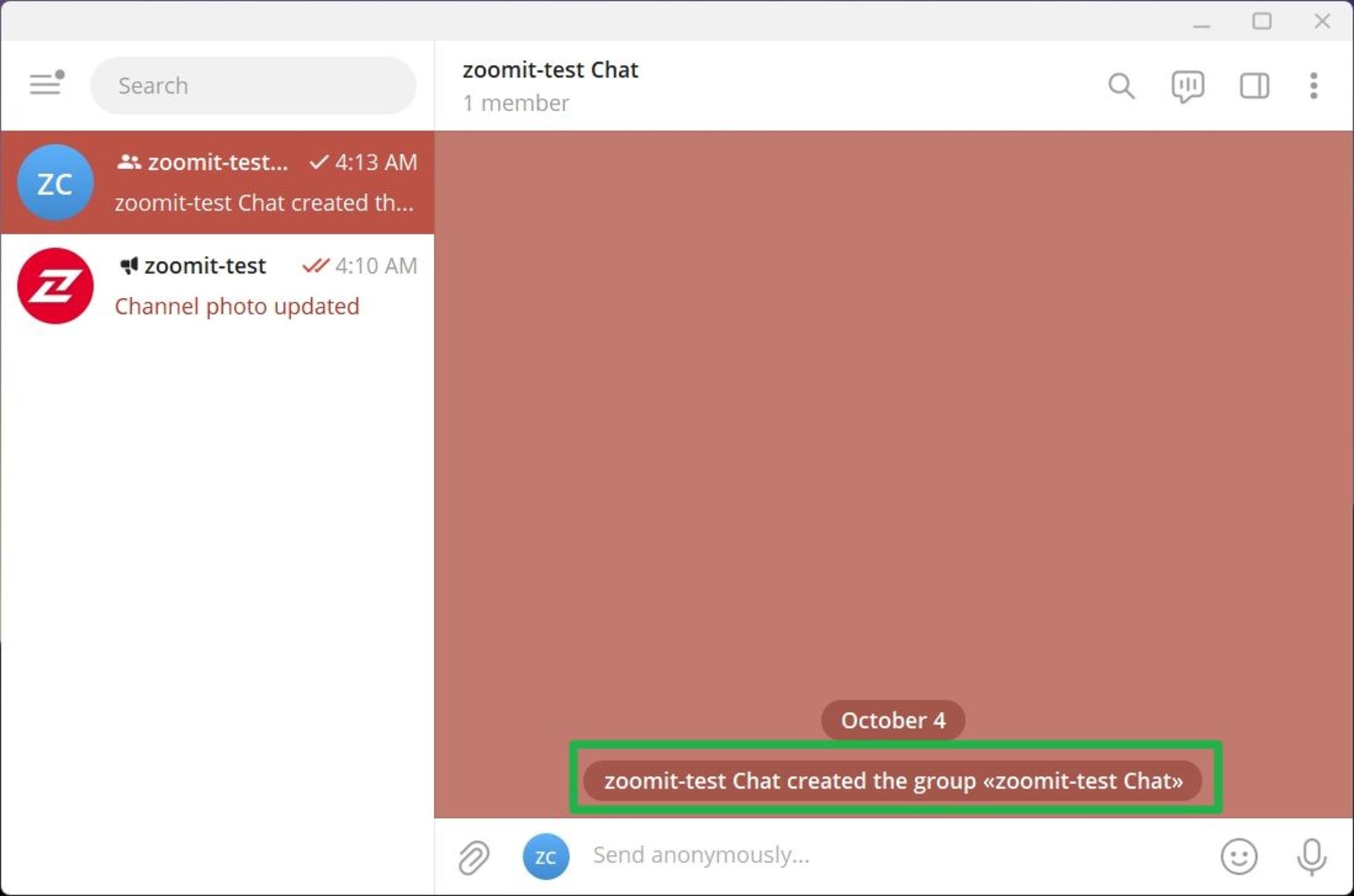 گروه discussion تازه ساخته شده در تلگرام دسکتاپ
