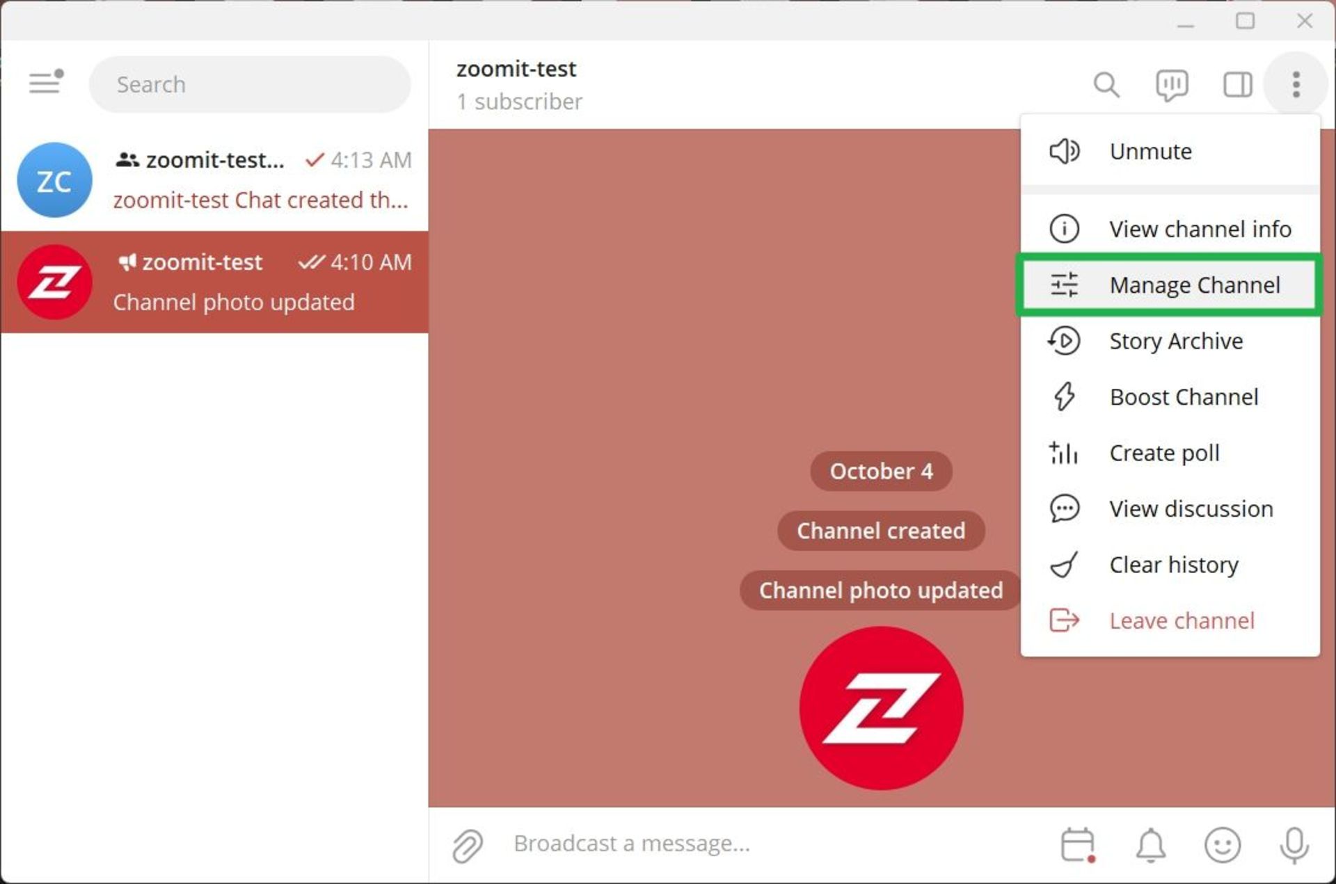 انتخاب گزینه‌ی Manage channel در منوی سه‌نقطه‌ی کانال تلگرام دسکتاپ