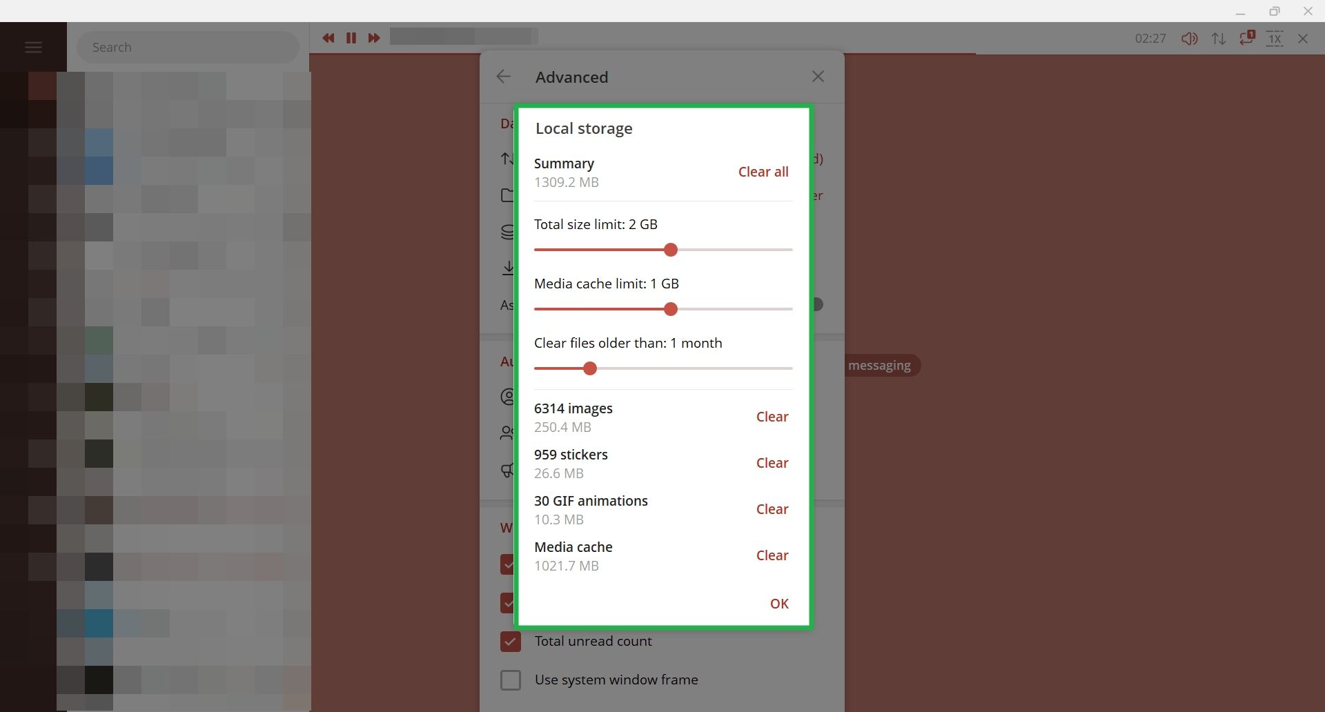 بخش پاک کردن دیتا تلگرام دسکتاپ
