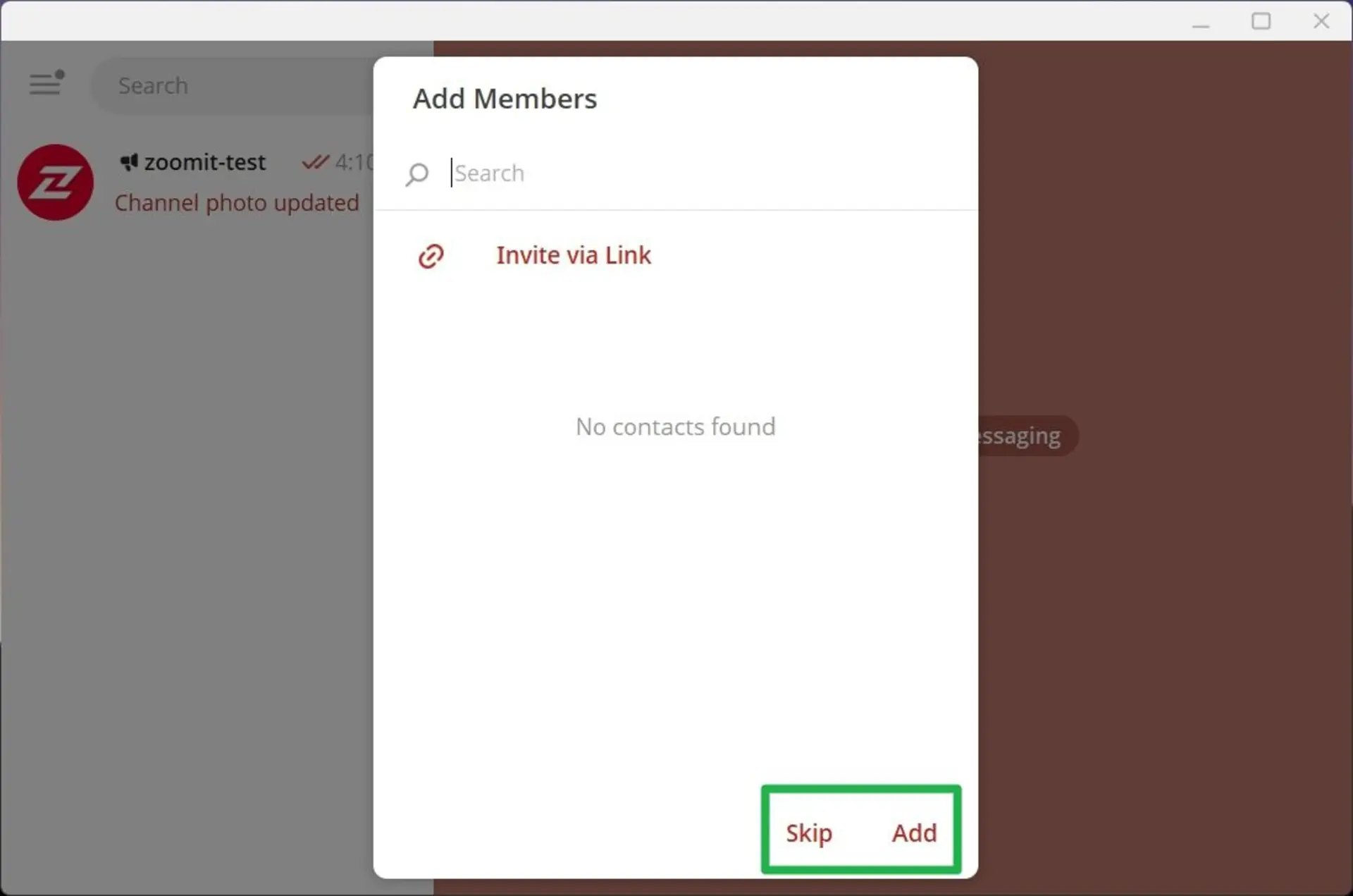 صفحه‌ی add members در مراحل  ایجاد کانال در تلگرام دسکتاپ