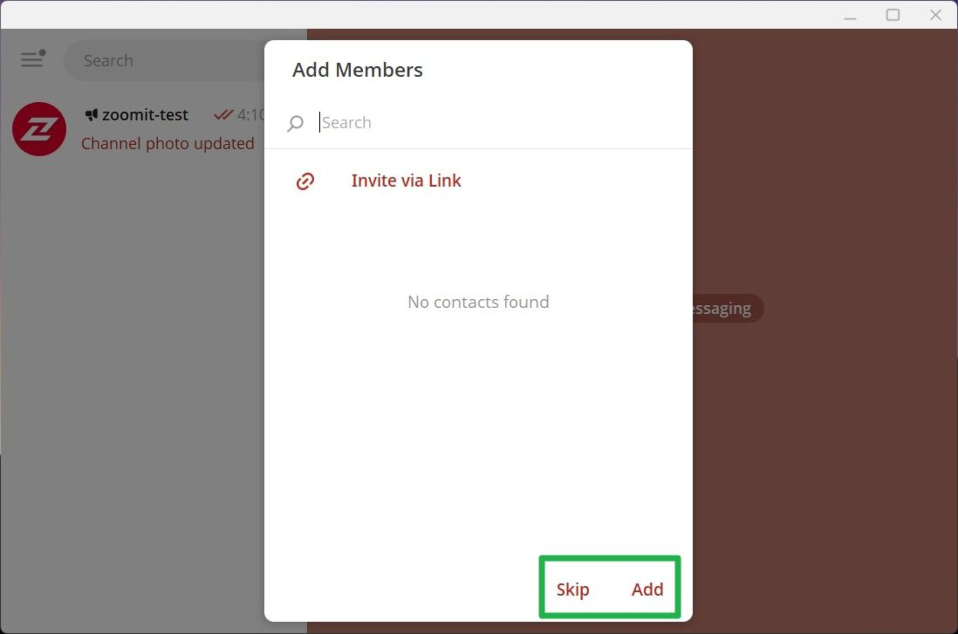 صفحه‌ی add members در مراحل  ایجاد کانال در تلگرام دسکتاپ