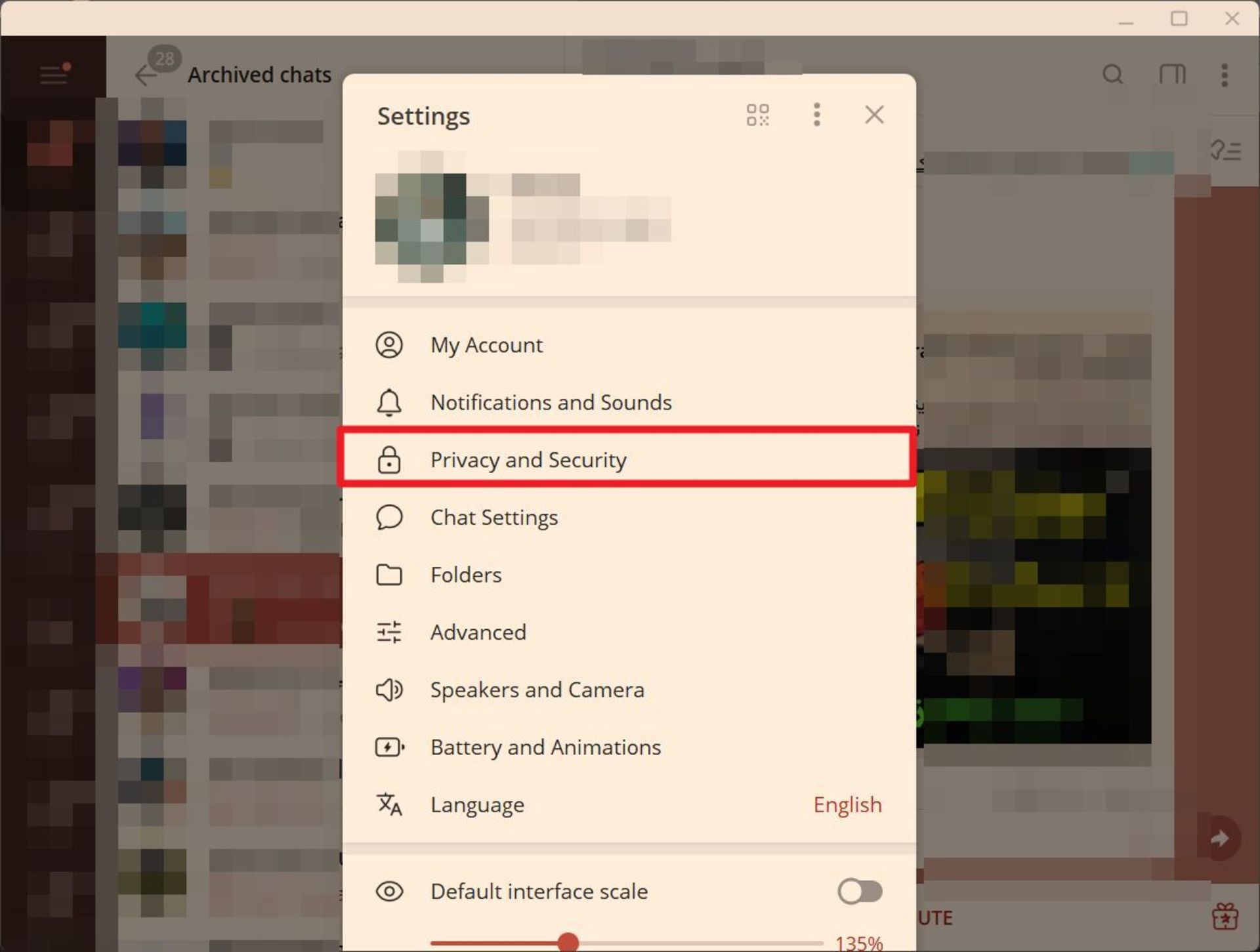 انتخاب گزینه‌ی Privacy and security در تنظیمات تلگرام دسکتاپ