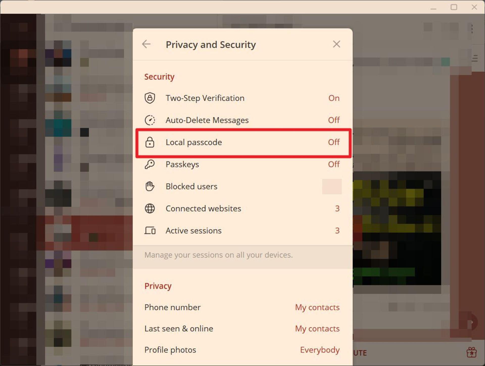 انتخاب گزینه‌ی Local passcode در تنظیمات تلگرام دسکتاپ