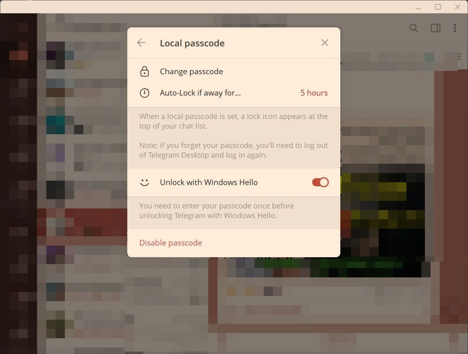 تنظیمات اضافی Local passcode در تنظیمات تلگرام دسکتاپ
