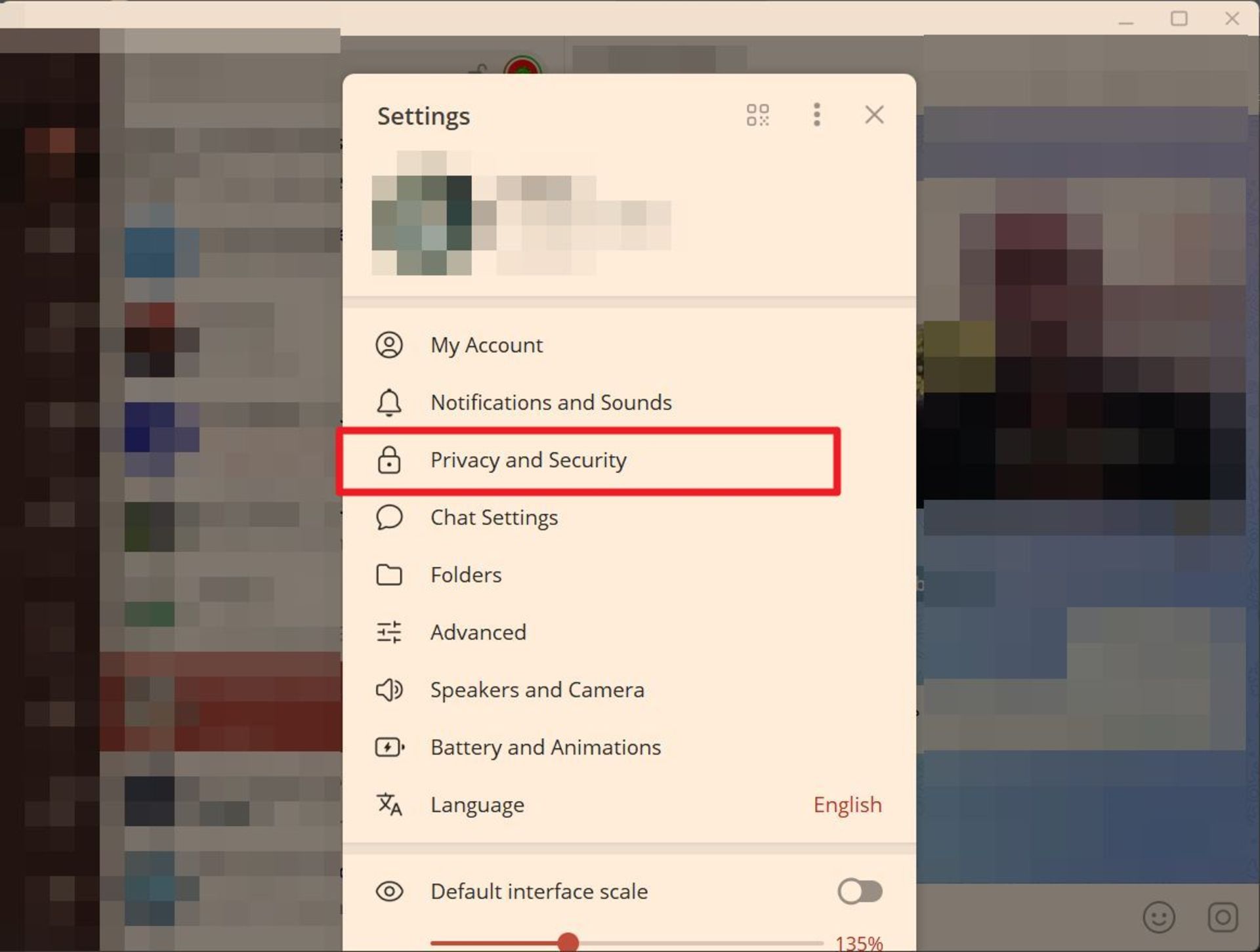 انتخاب گزینه‌ی Privacy and security در تنظیمات تلگرام دسکتاپ