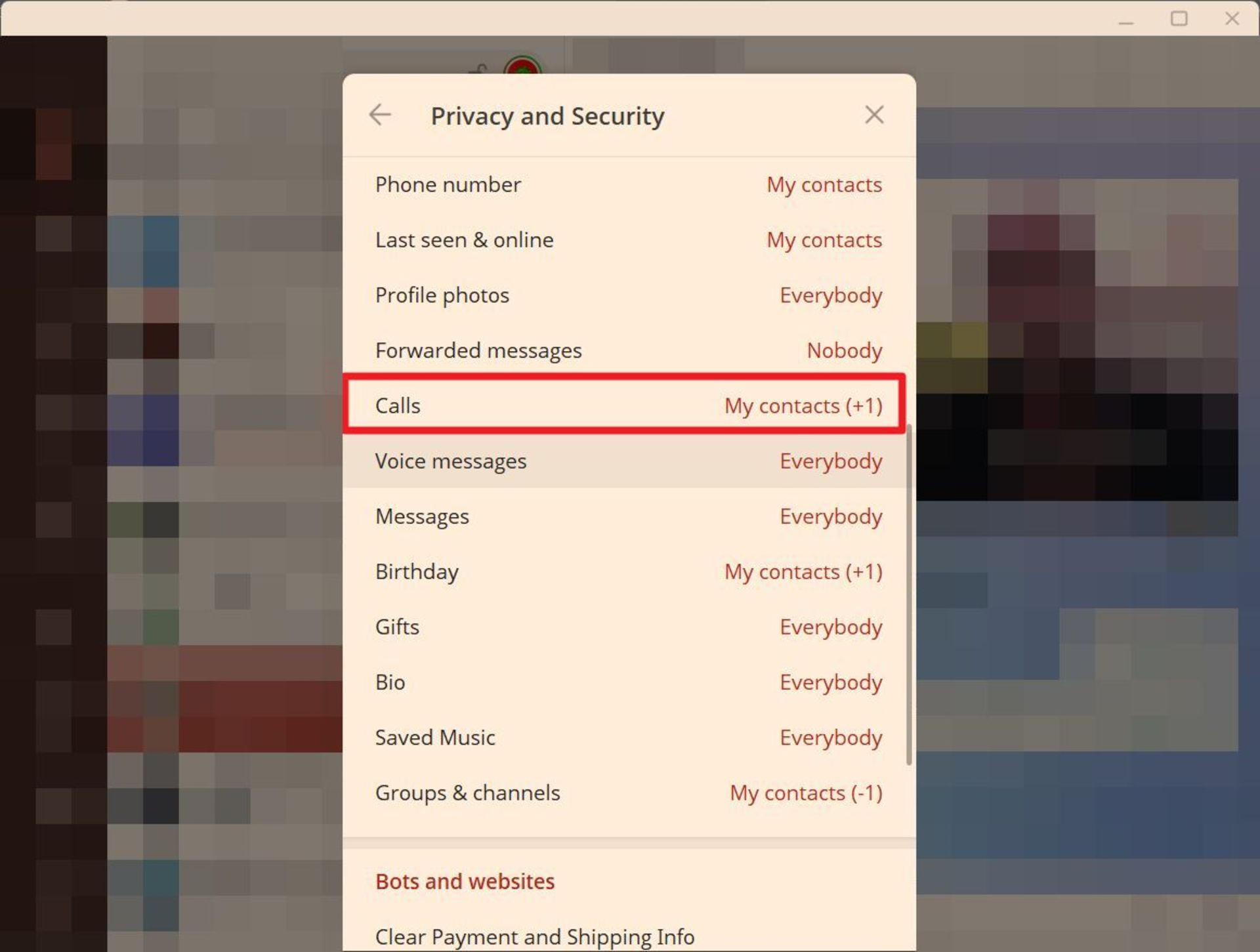 انتخاب گزینه‌ی Calls در تنظیمات حریم خصوصی تلگرام دسکتاپ