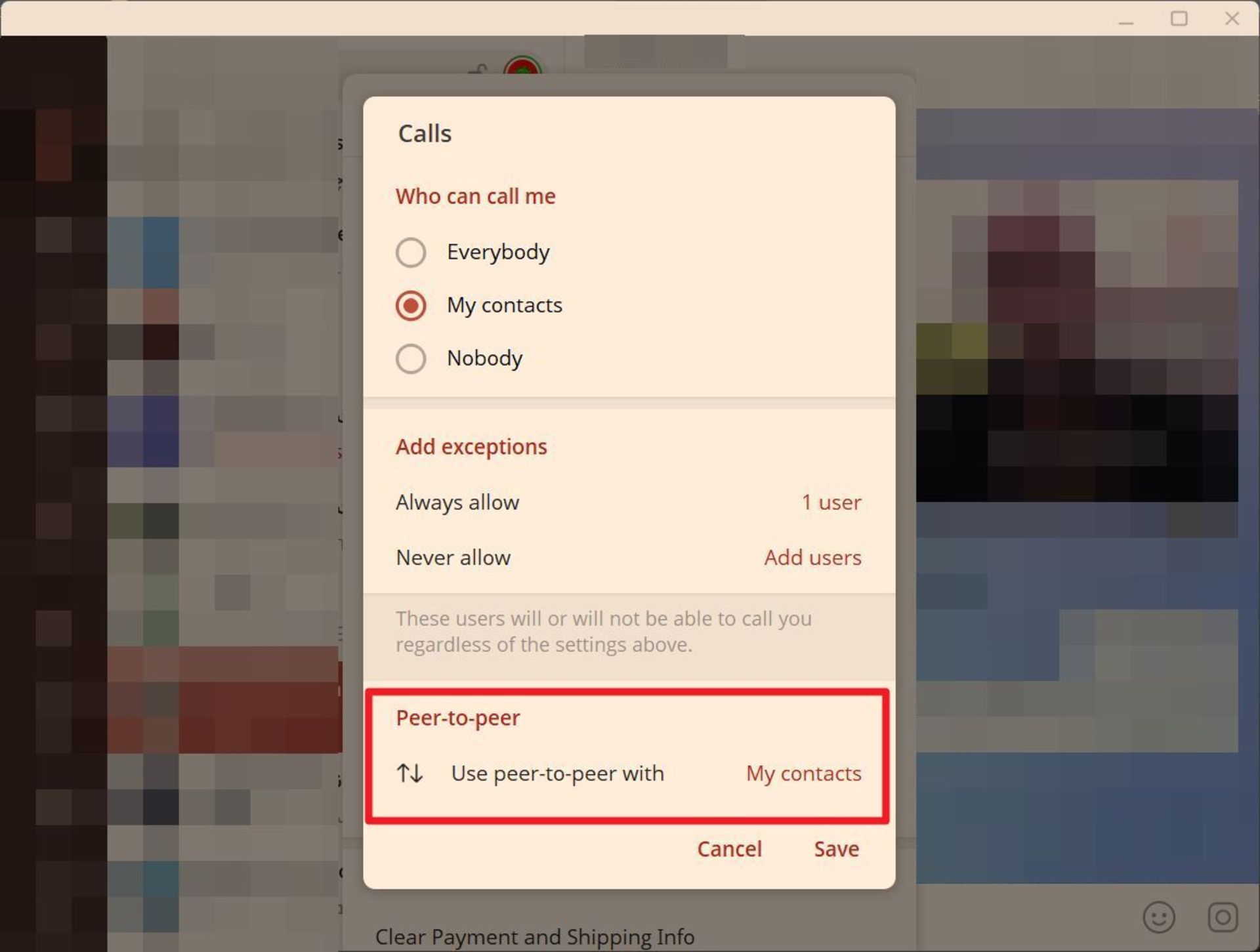 انتخاب گزینه‌ی p2p calls در تنظیمات تماس تلگرام دسکتاپ