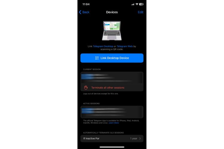 لیست دستگاه ها در تلگرام آیفون