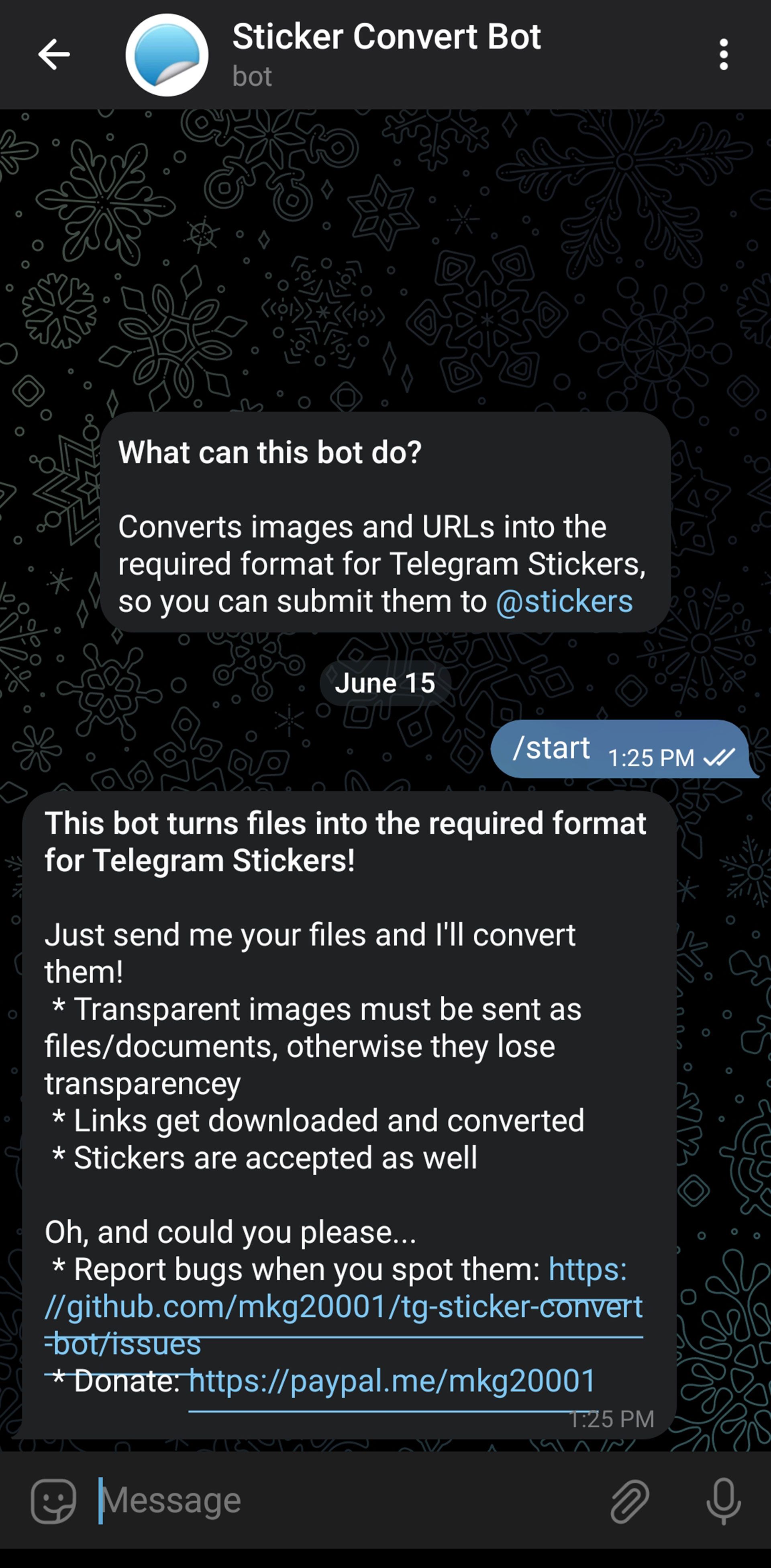 صفحه ربات تلگرام و تایپ گزینه استارت