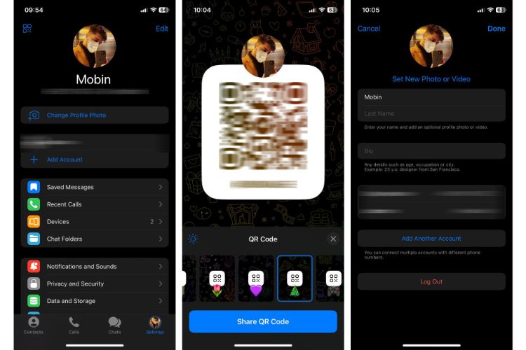 صفحه تنظیمات و کد QR تلگرام آیفون دارک مود