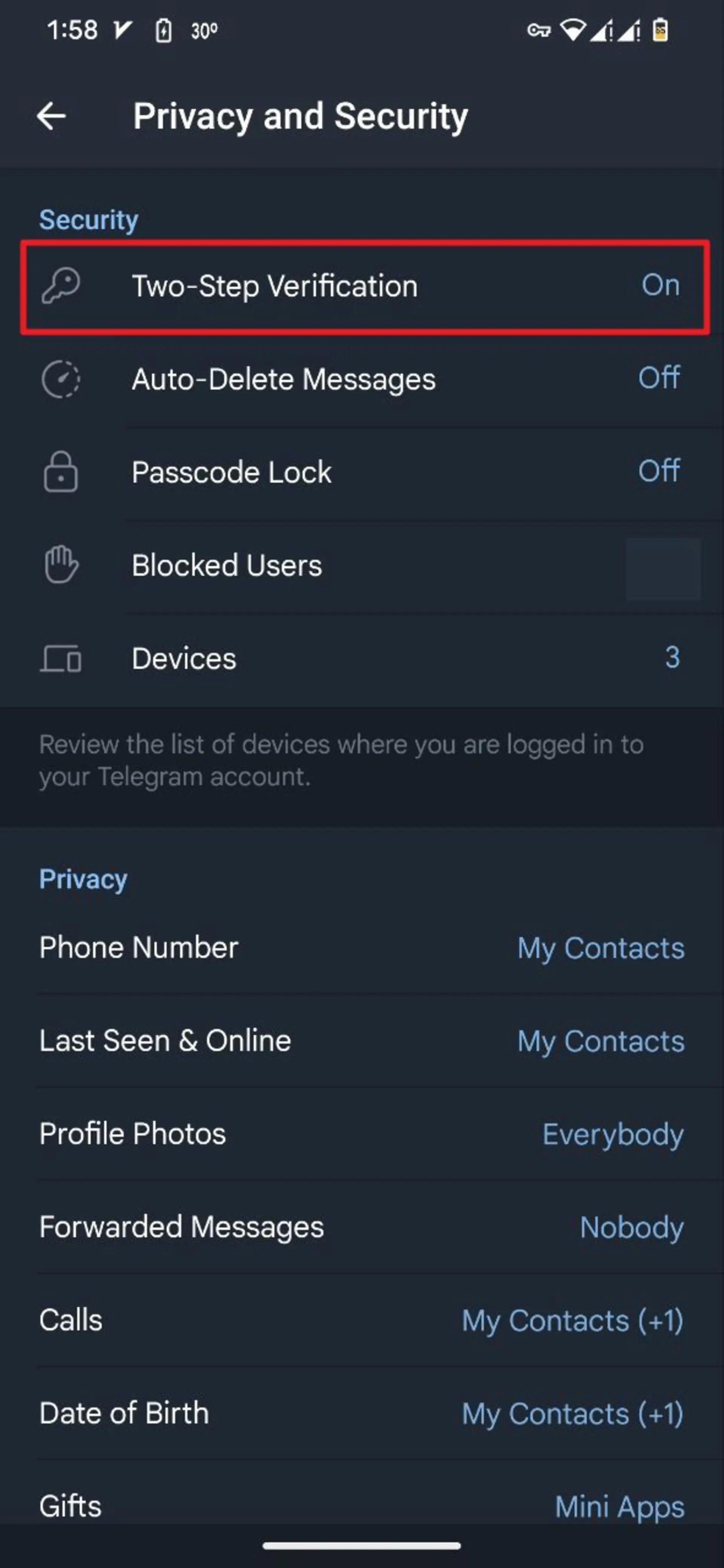 انتخاب گزینه‌ی Two Step verification در تنظیمات تلگرام موبایل