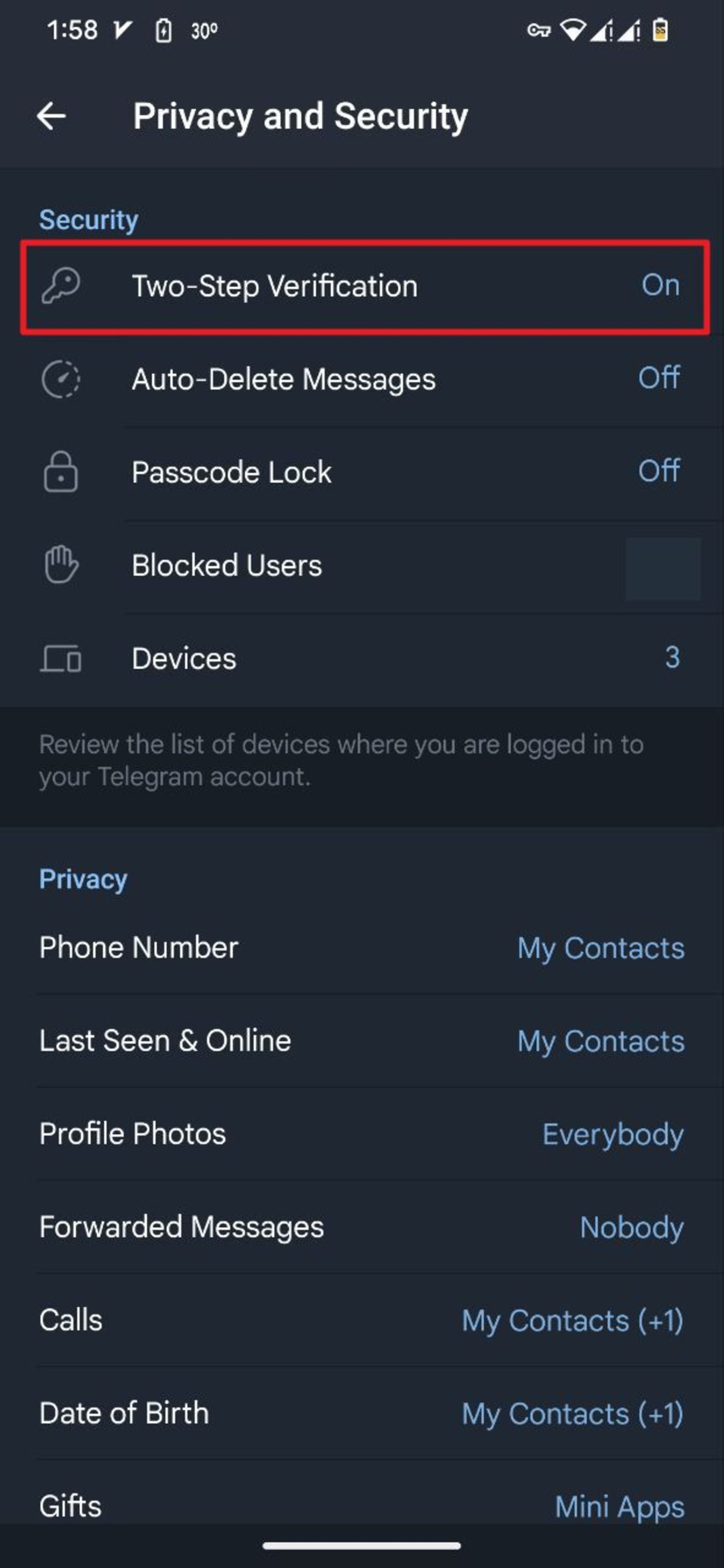 انتخاب گزینه‌ی Two Step verification در تنظیمات تلگرام موبایل