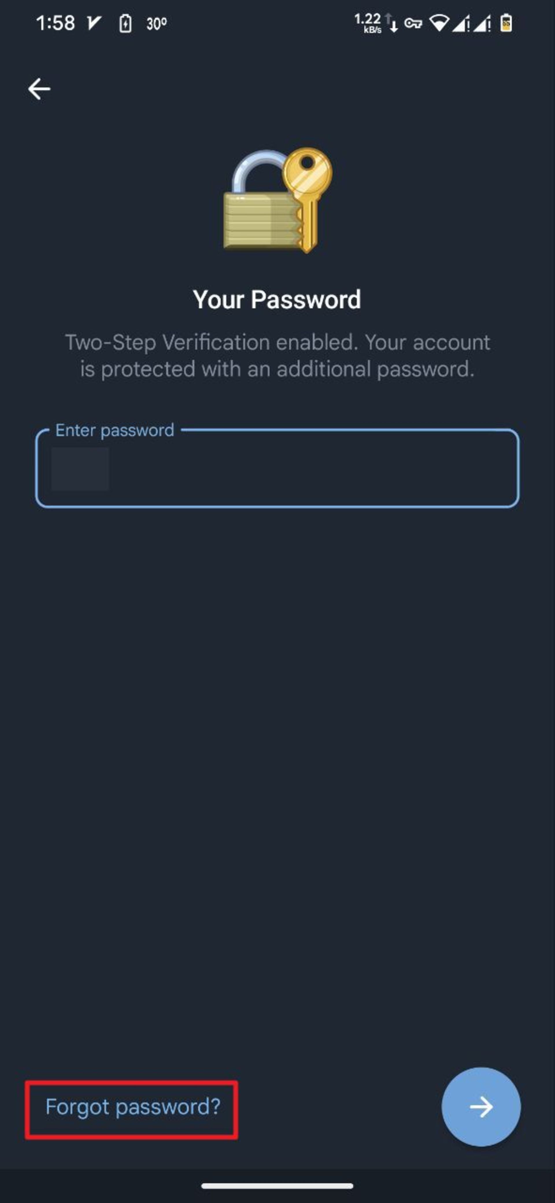 انتخاب گزینه‌ی Forgot password در تنظیمات تلگرام موبایل
