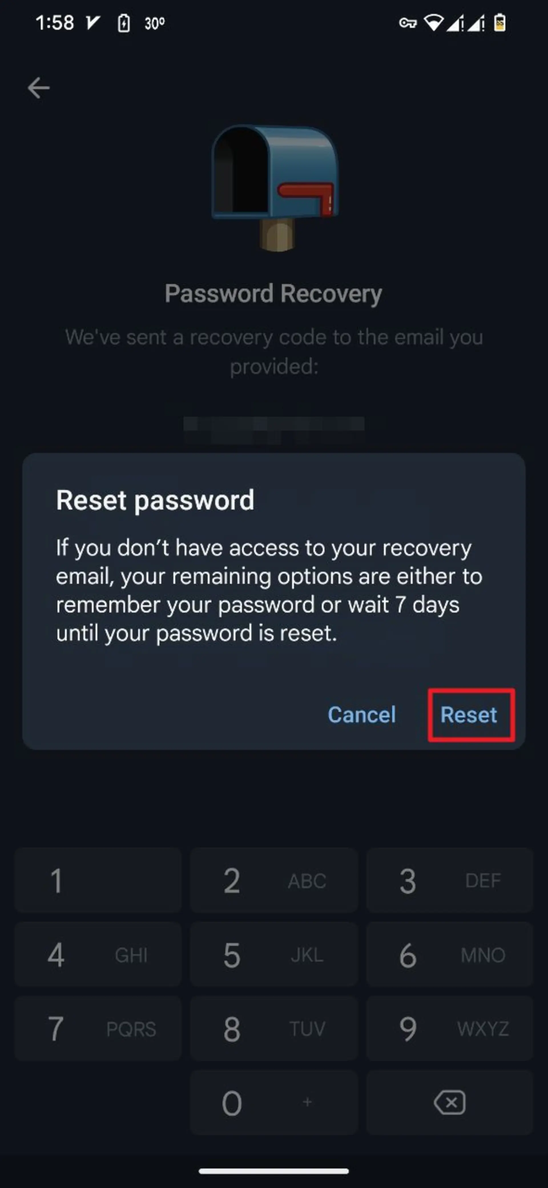 انتخاب گزینه‌ی Reset پسورد تلگرام در تنظیمات تلگرام موبایل