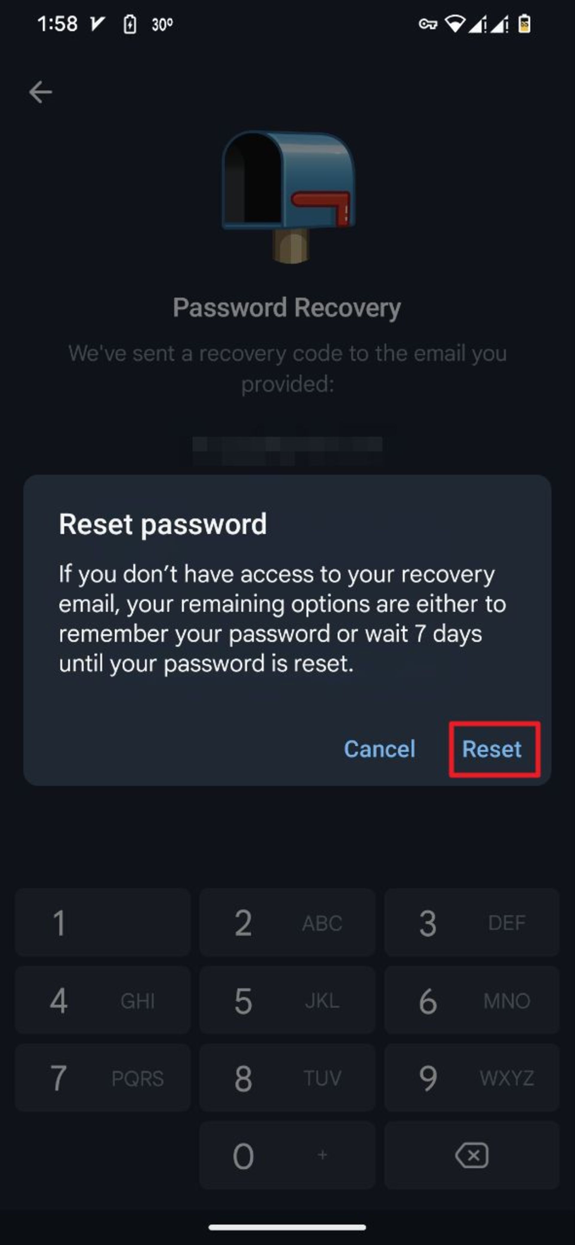 انتخاب گزینه‌ی Reset پسورد تلگرام در تنظیمات تلگرام موبایل