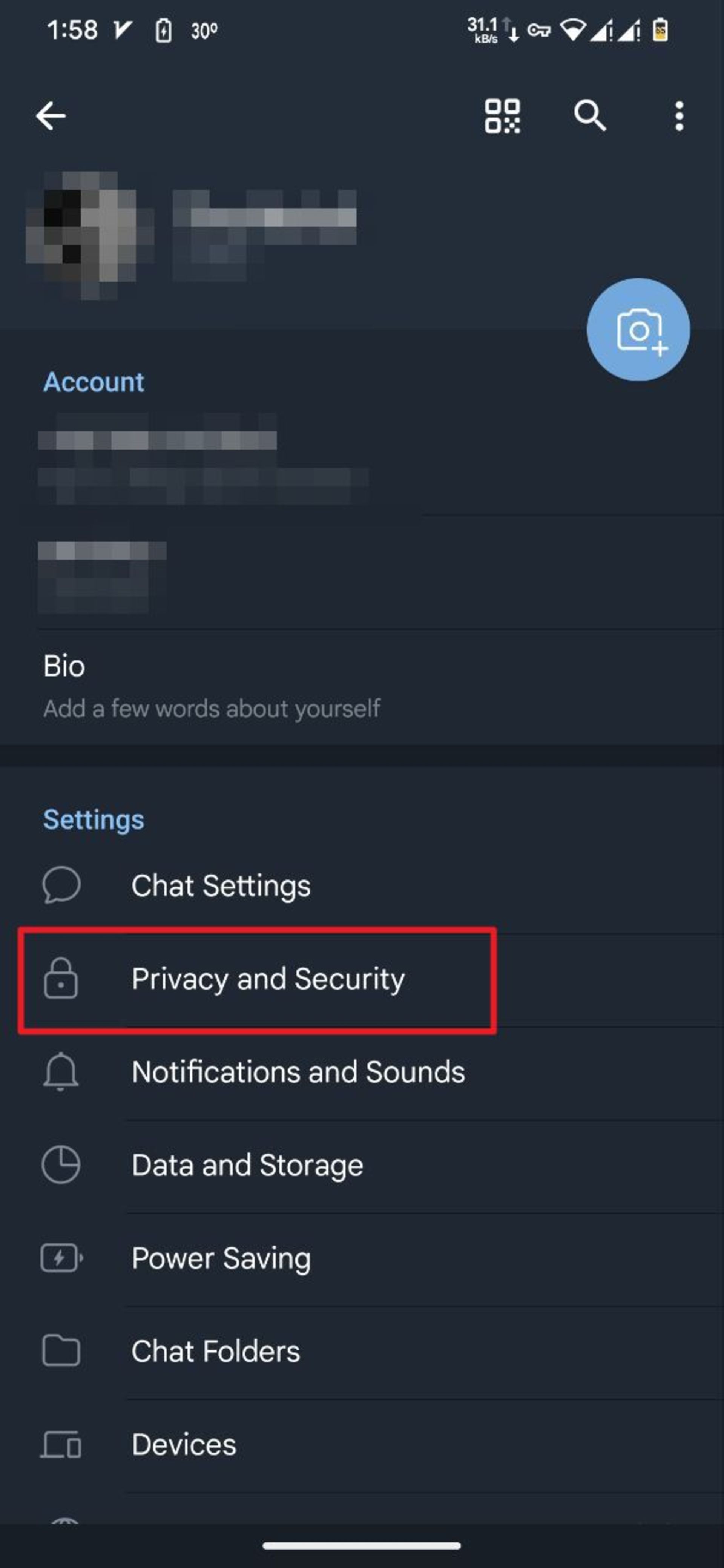صفحه‌ی تنظیمات تلگرام موبایل و انتخاب گزینه‌ی Privacy and Security