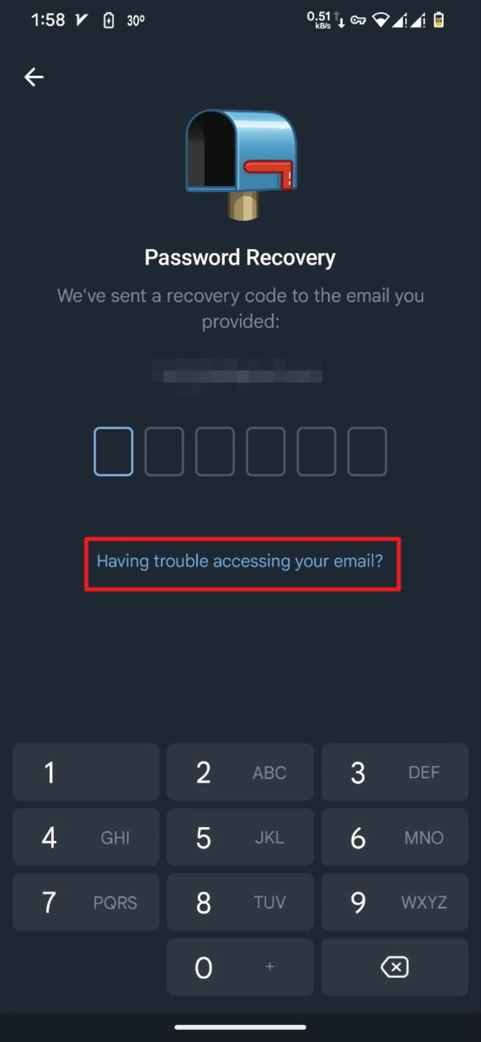 انتخاب گزینه‌ی Having trouble accessing your Email در تنظیمات تلگرام موبایل