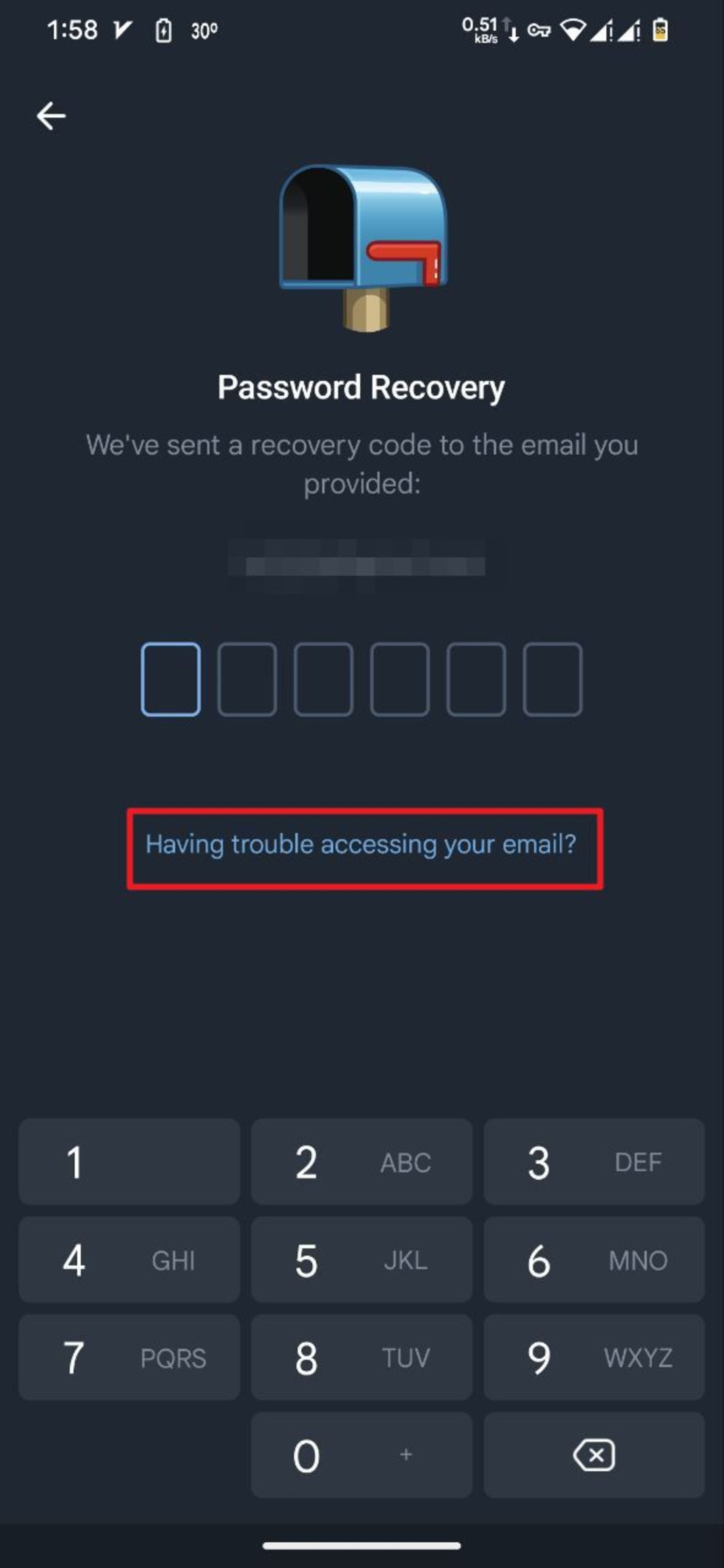 انتخاب گزینه‌ی Having trouble accessing your Email در تنظیمات تلگرام موبایل