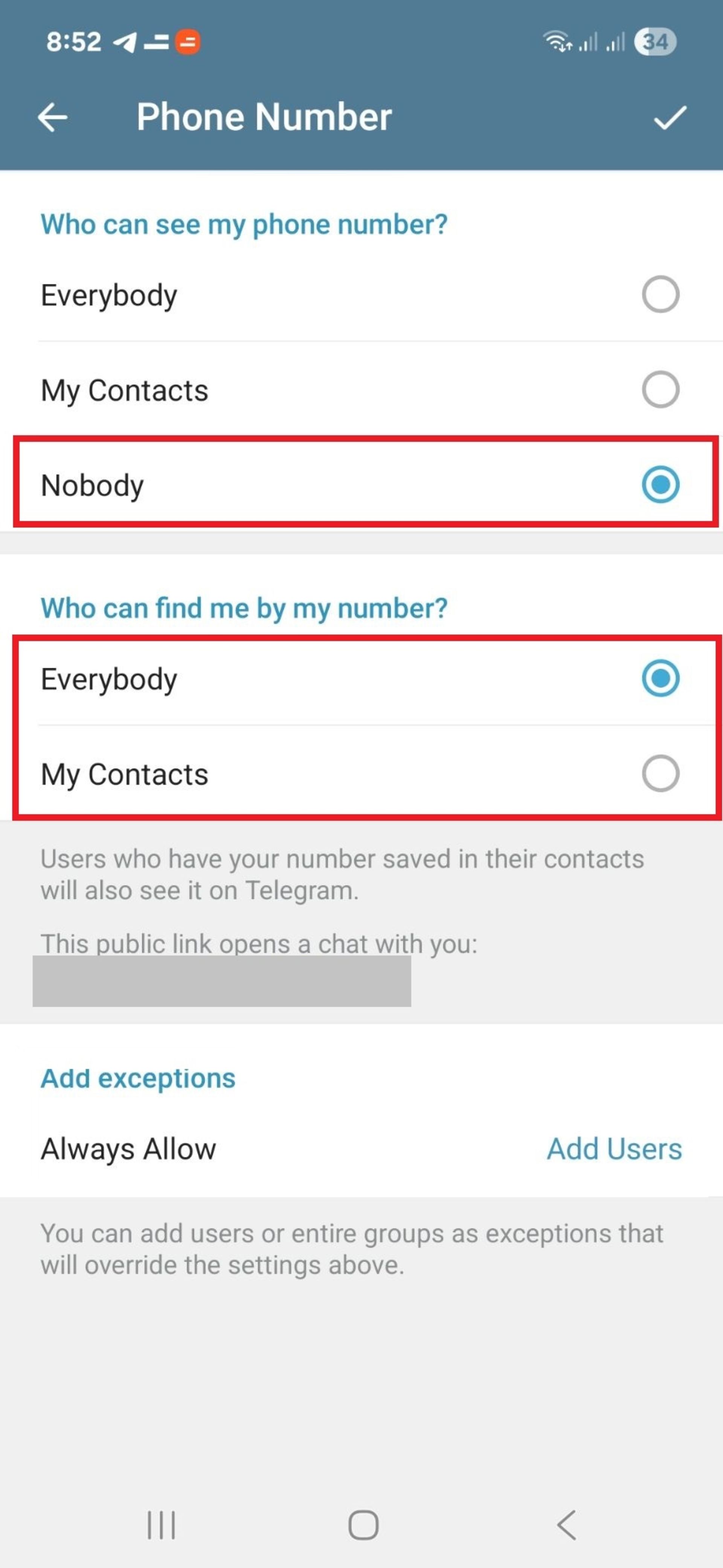 مخفی کردن شماره در تلگرام
