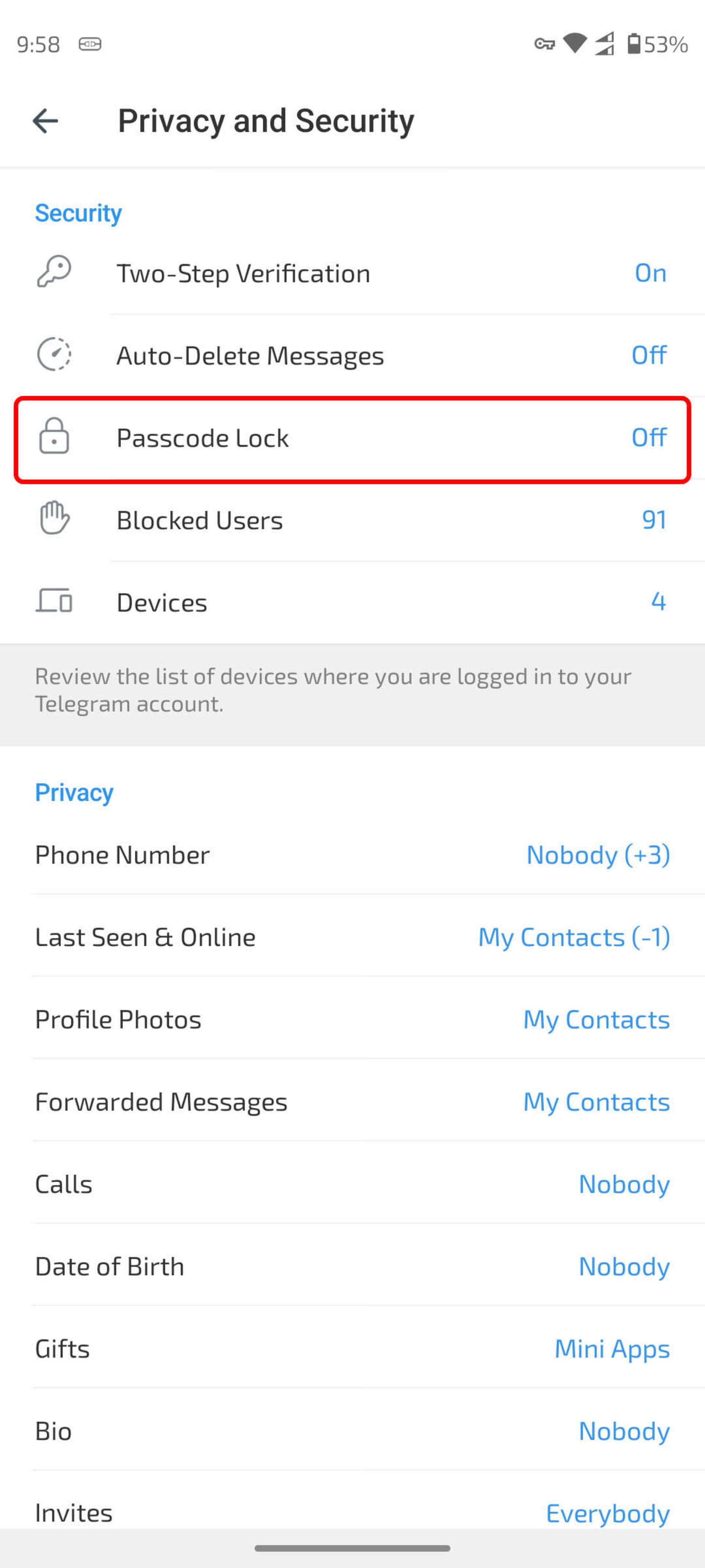 Privacy and Security (حریم خصوصی و امنیت) تلگرام