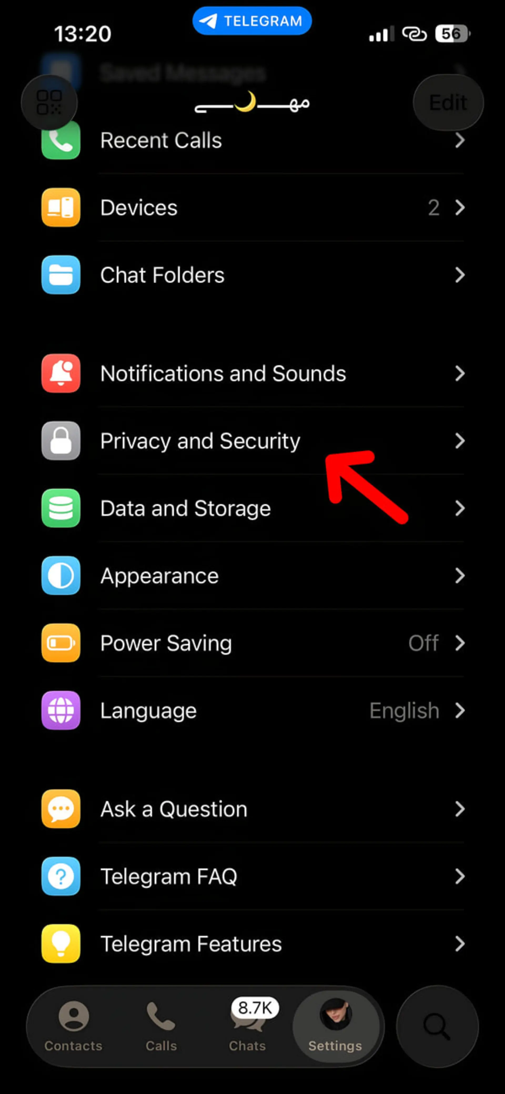 بخش تنظیمات حریم خصوصی و امنیت (Privacy and Security) در اپلیکیشن تلگرام