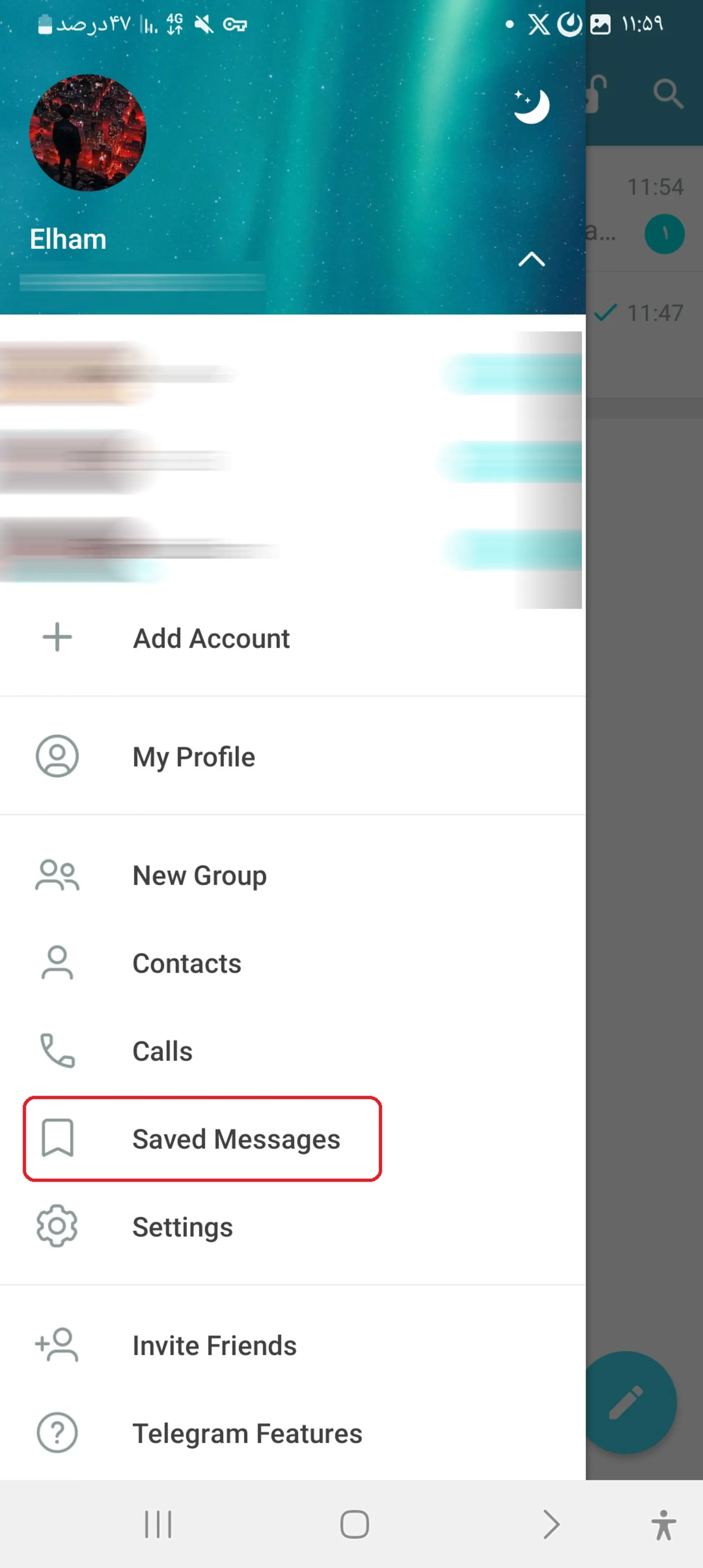 ورود به Saved Messages در تلگرام از صفحه اصلی اپلیکیشن