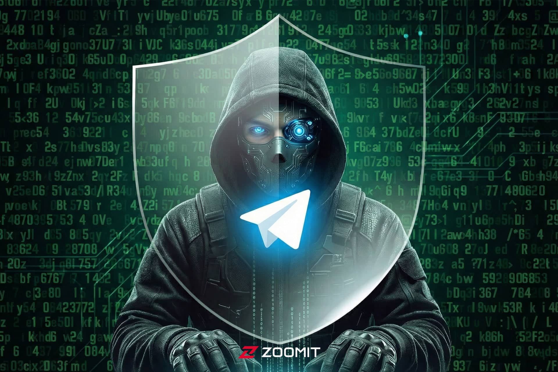 یک هکر سایبری با آیکون سپر و تلگرام 