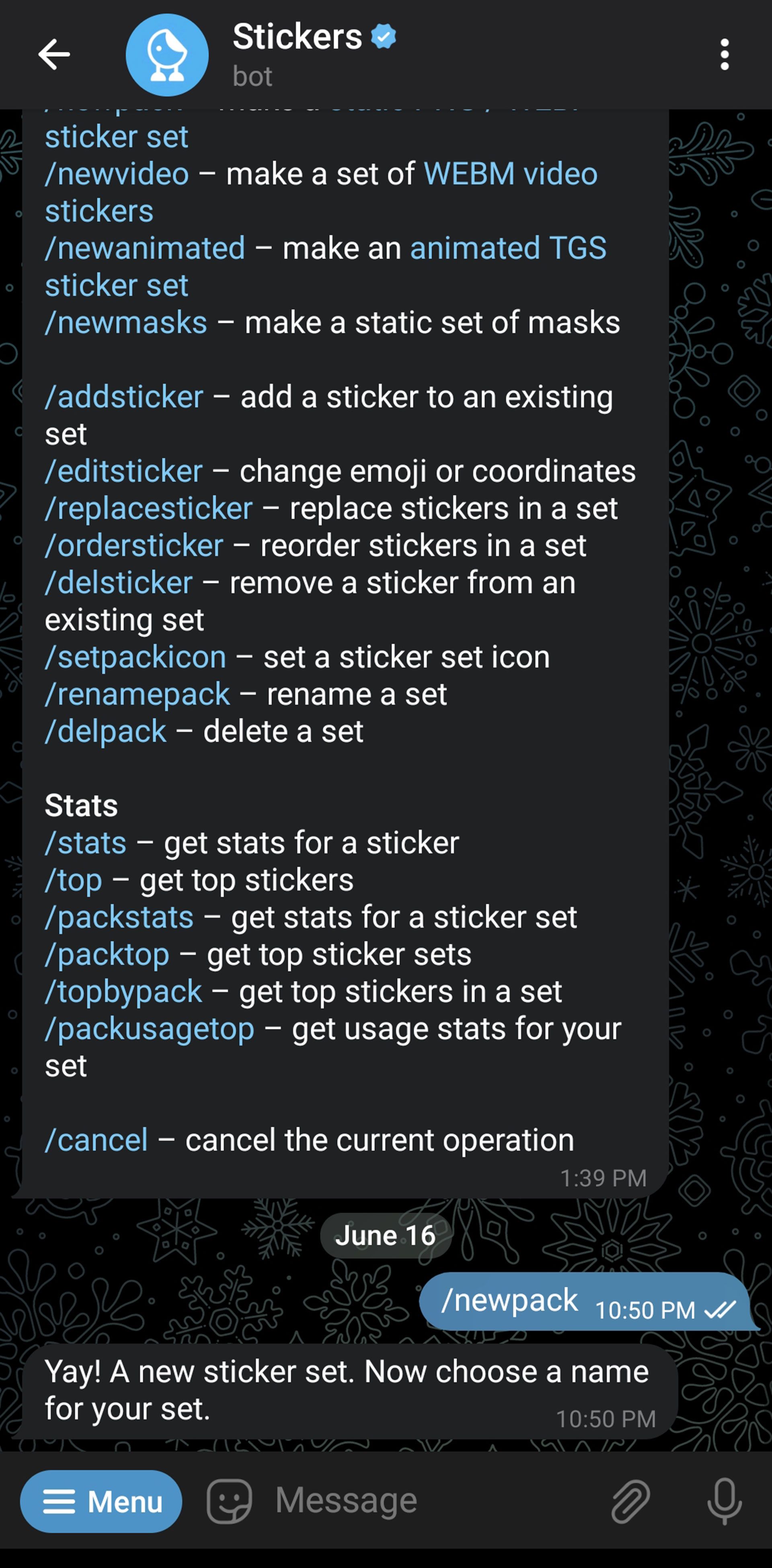 ارسال /newpack در ربات استیکرساز تلگرام