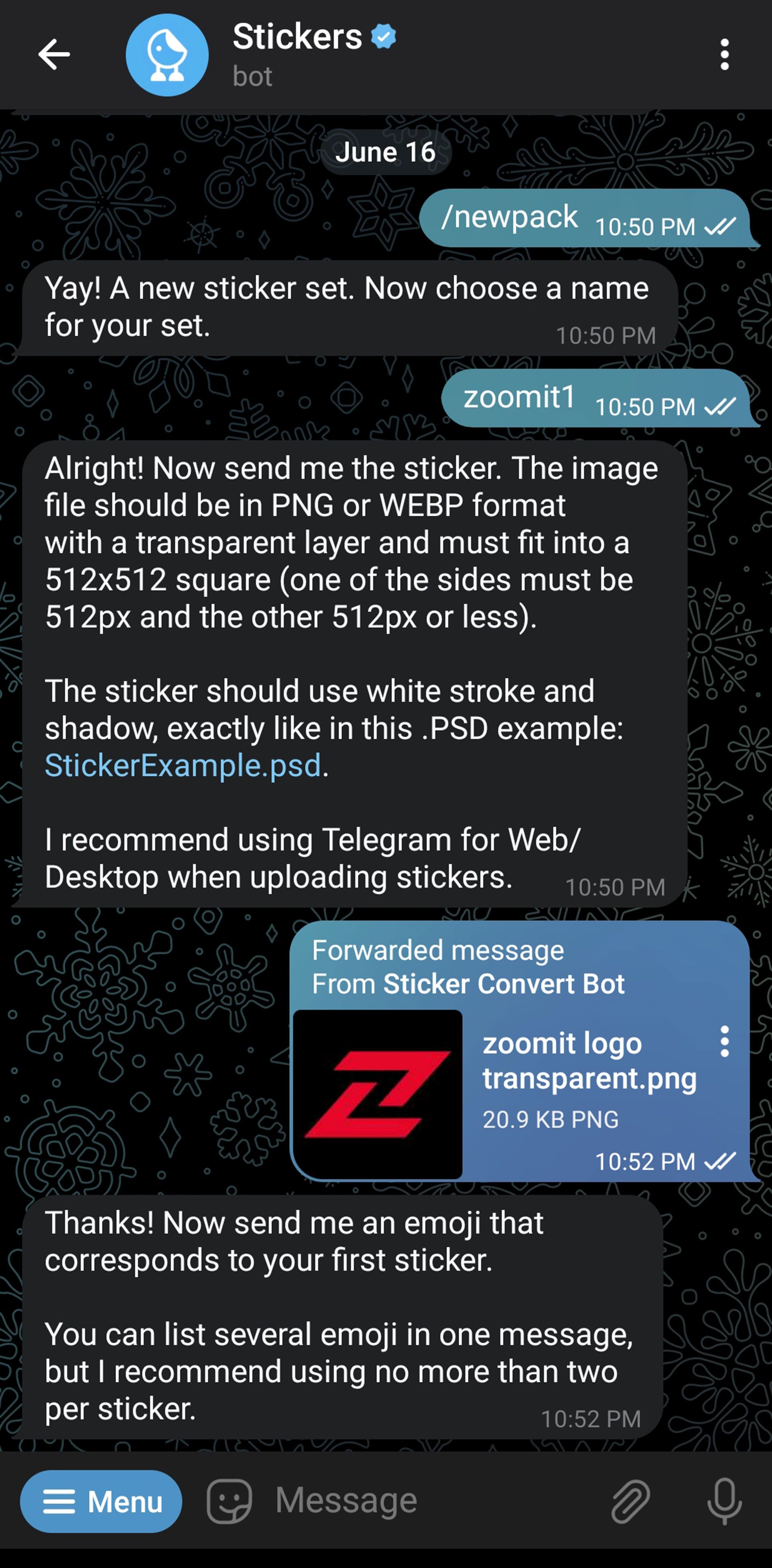ارسال تصویر به ربات استیکرساز تلگرام