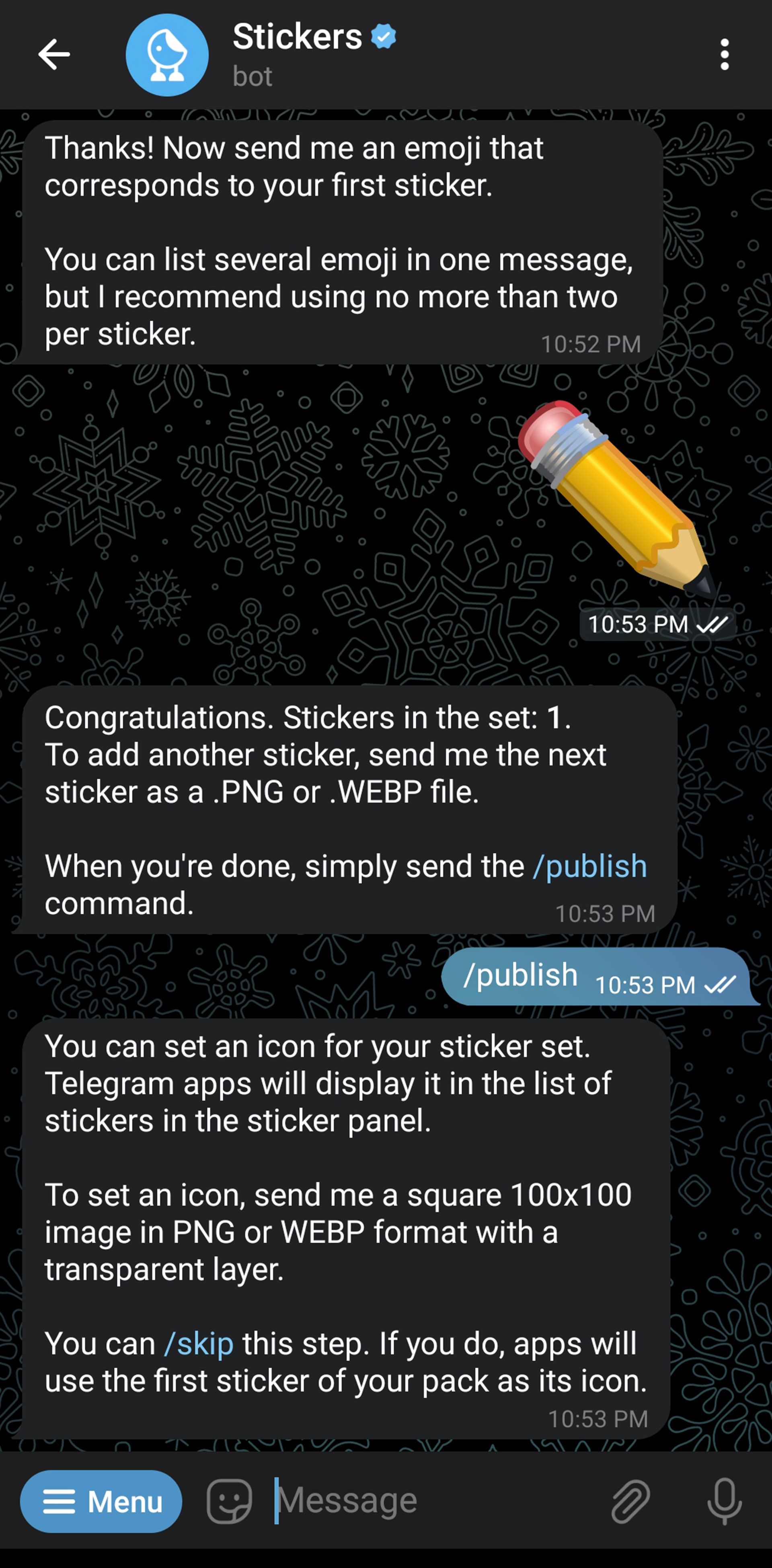 ارسال گزینه Publish به ربات استیکرساز تلگرام