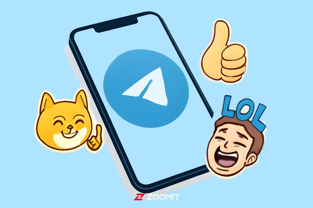 گوشی موبایل کارتونی با لوگو تلگرام و استیکرها