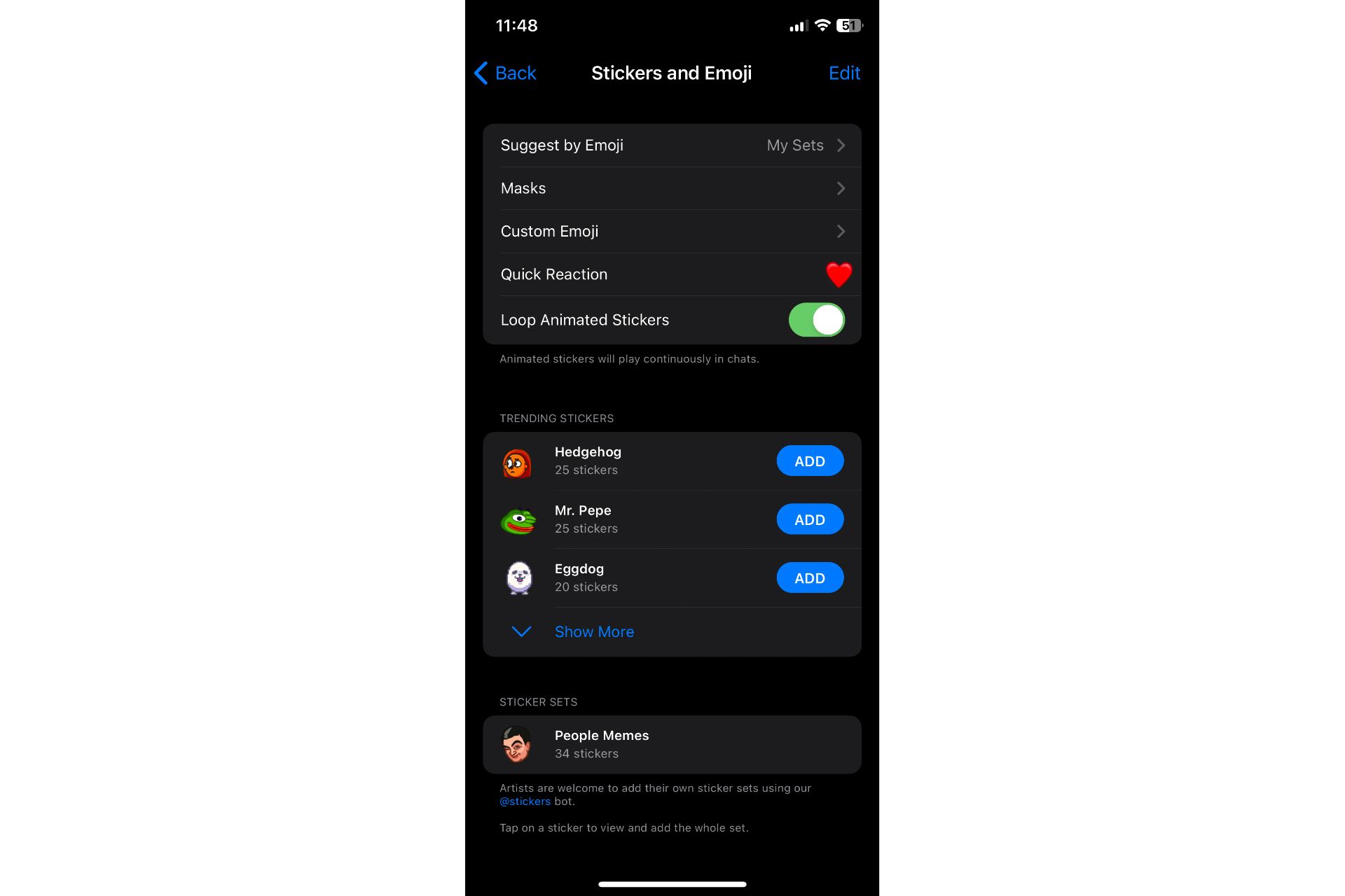 تنظیمات استیکر و ایموجی تلگرام