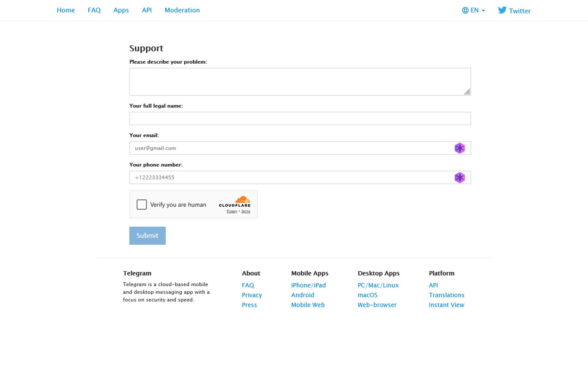 اسکرین شات از صفحه‌ی ساپورت تلگرام در مرورگر